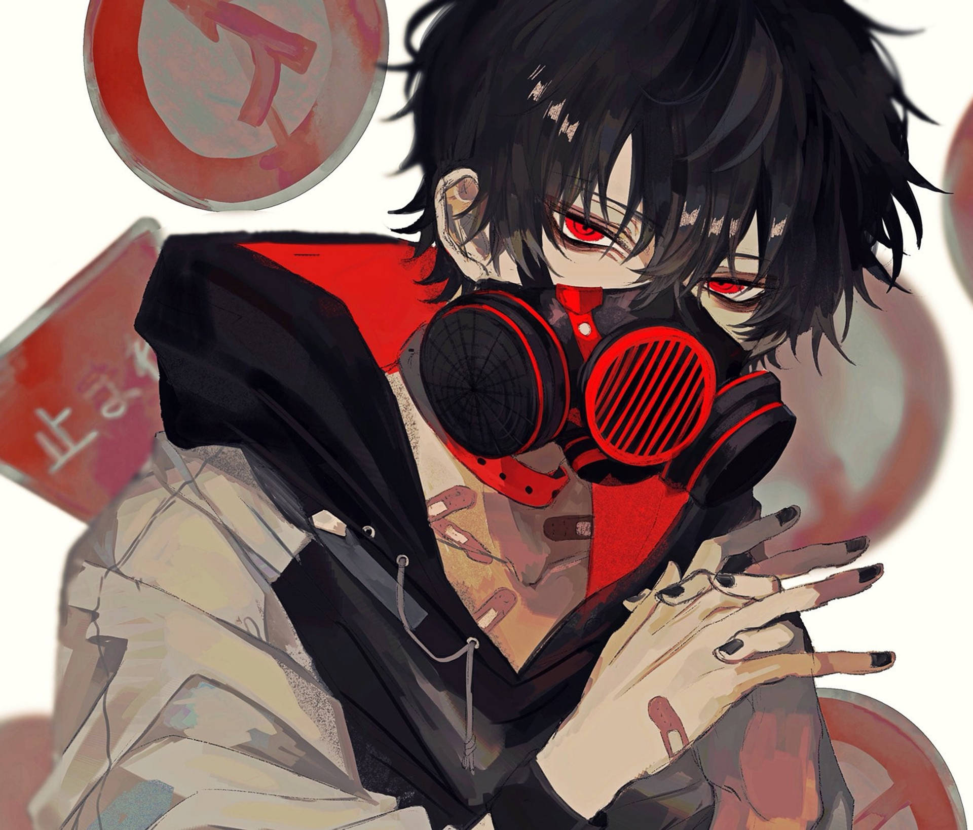 icon 桌布 壁紙 — 一個黑髮紅眼的動漫男孩，在模糊的紅白背景前戴著紅色防毒面具和黑色外套。