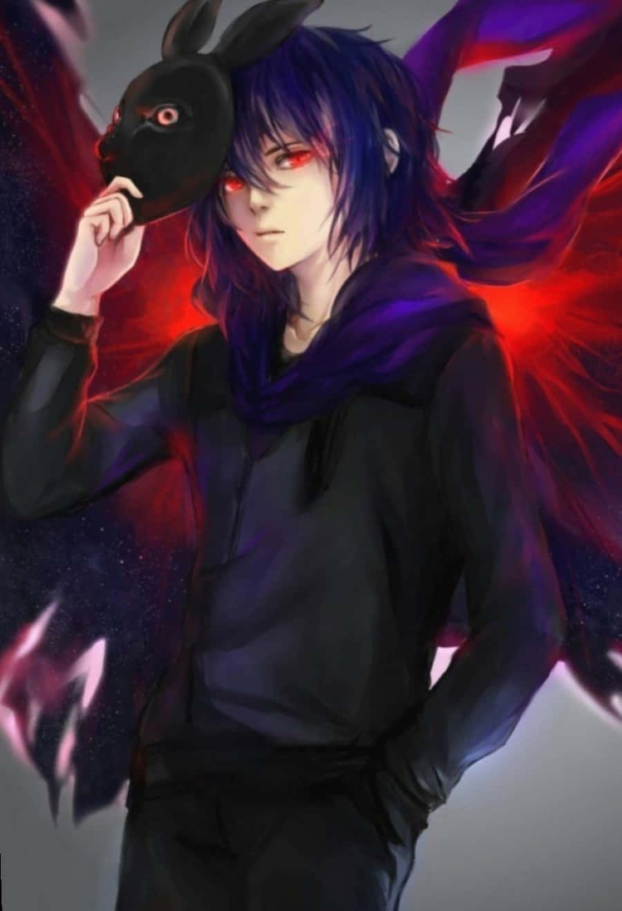 Ayato Kirishima 桌布 壁紙 — 一個黑髮紅眼的動漫男孩在宇宙紅紫背景前拿著一個黑色兔子面具。