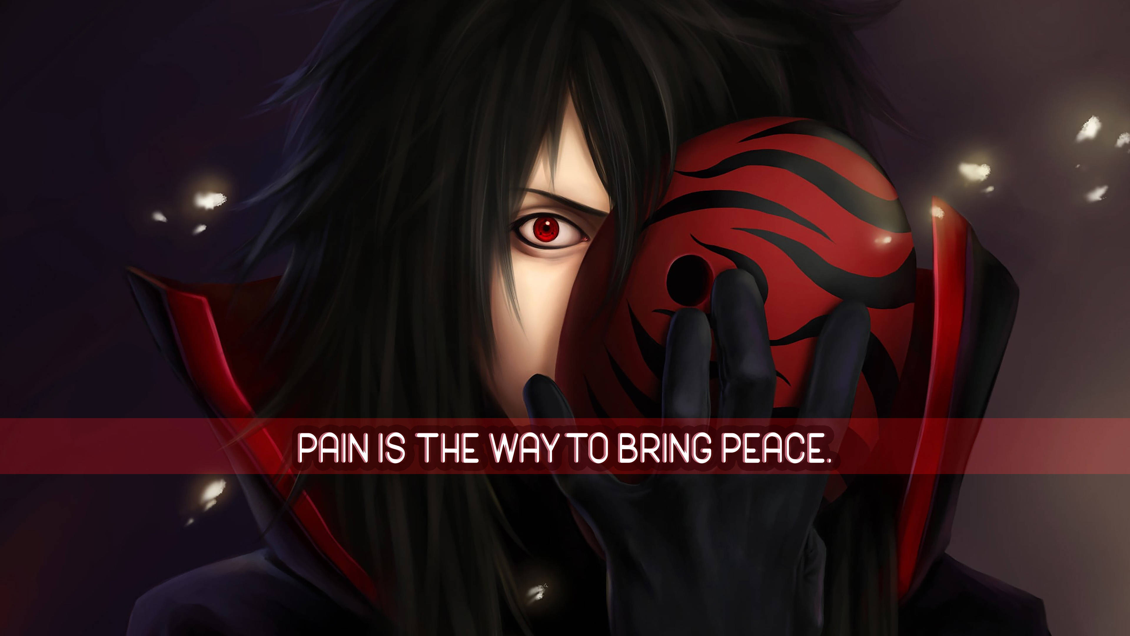 naruto quotes 桌布 壁紙 — 一個黑髮紅眼的動漫角色，在昏暗有氣氛的場景中，將一個帶有黑色標記的紅色面具貼在臉上。