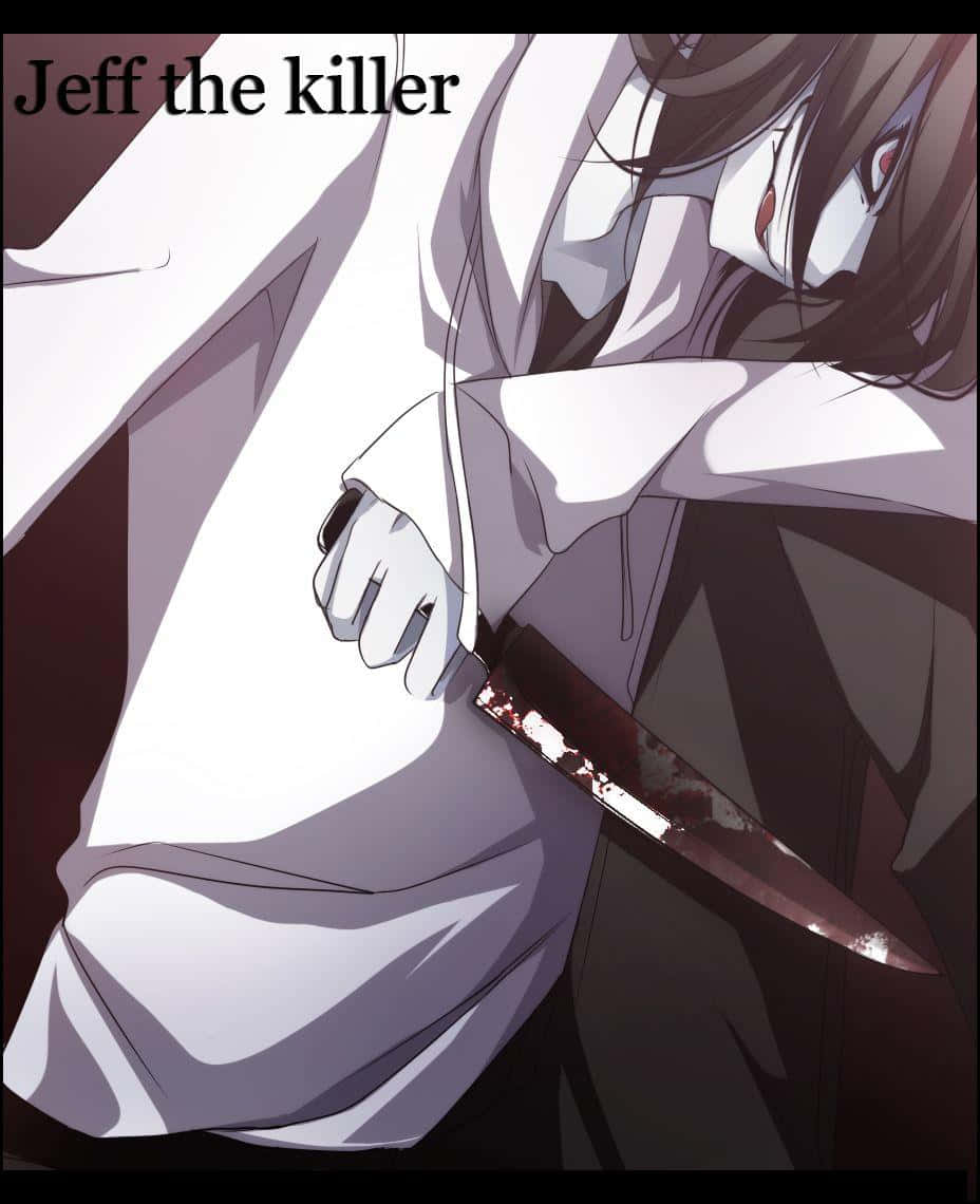 Jeff The Killer 桌布 壁紙 — 一個黑髮紅眼的動漫角色，在深色背景前穿著白色外套，手持一把沾血的刀。