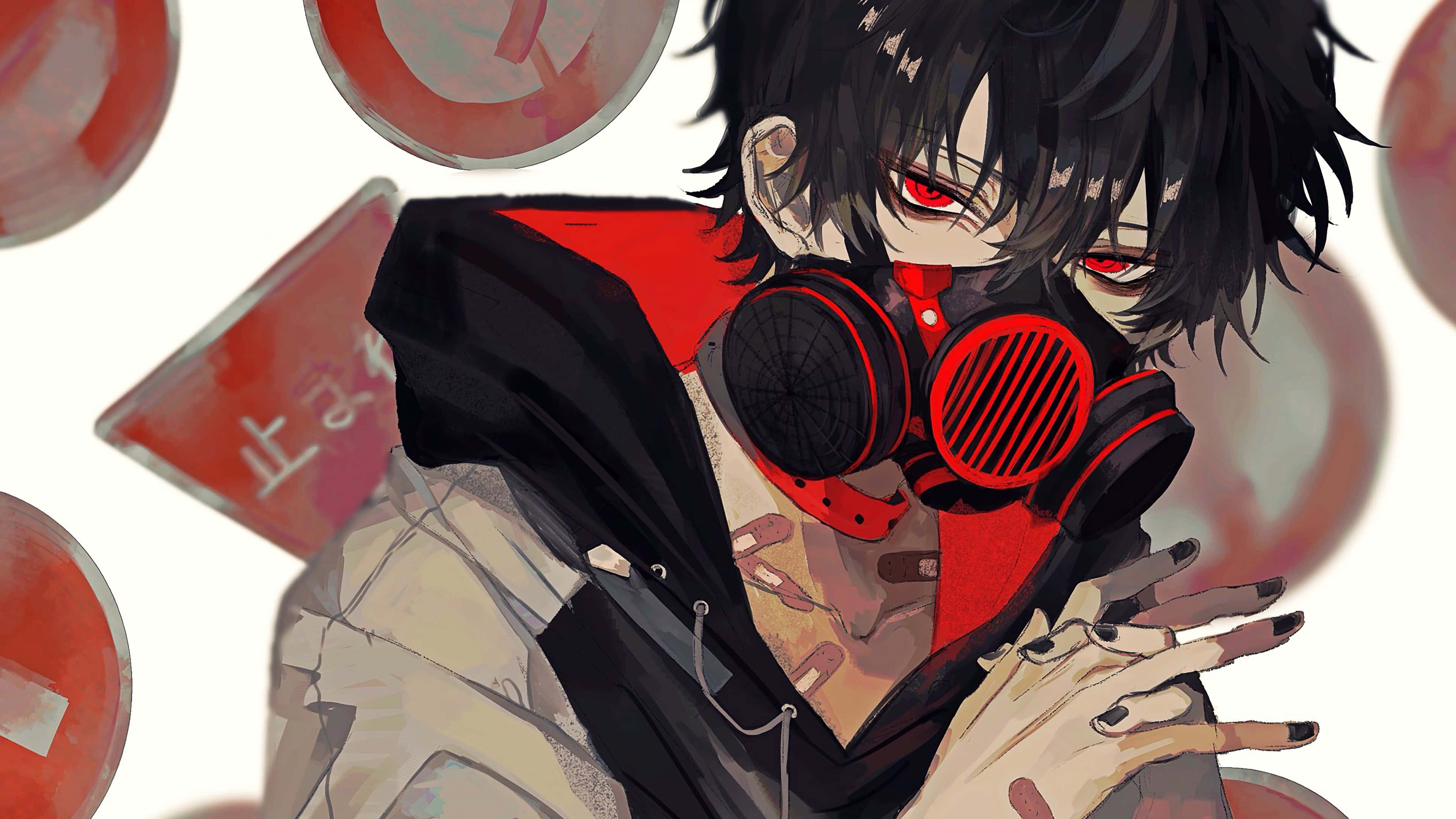 Horror Anime Boy 桌布 壁紙 — 一個黑髮紅眼的動漫角色，穿著紅色防毒面具和黑色外套，背景是漂浮的紅色圓形標誌。