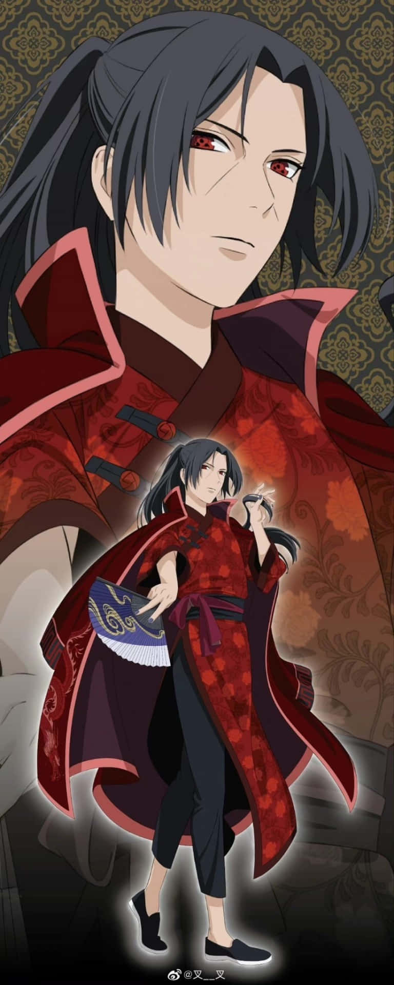 Broken Heart Anime 桌布 壁紙 — 一個黑髮紅眼的動漫角色，穿著紅色圖案長袍，背景是華麗的金色和棕色壁紙。