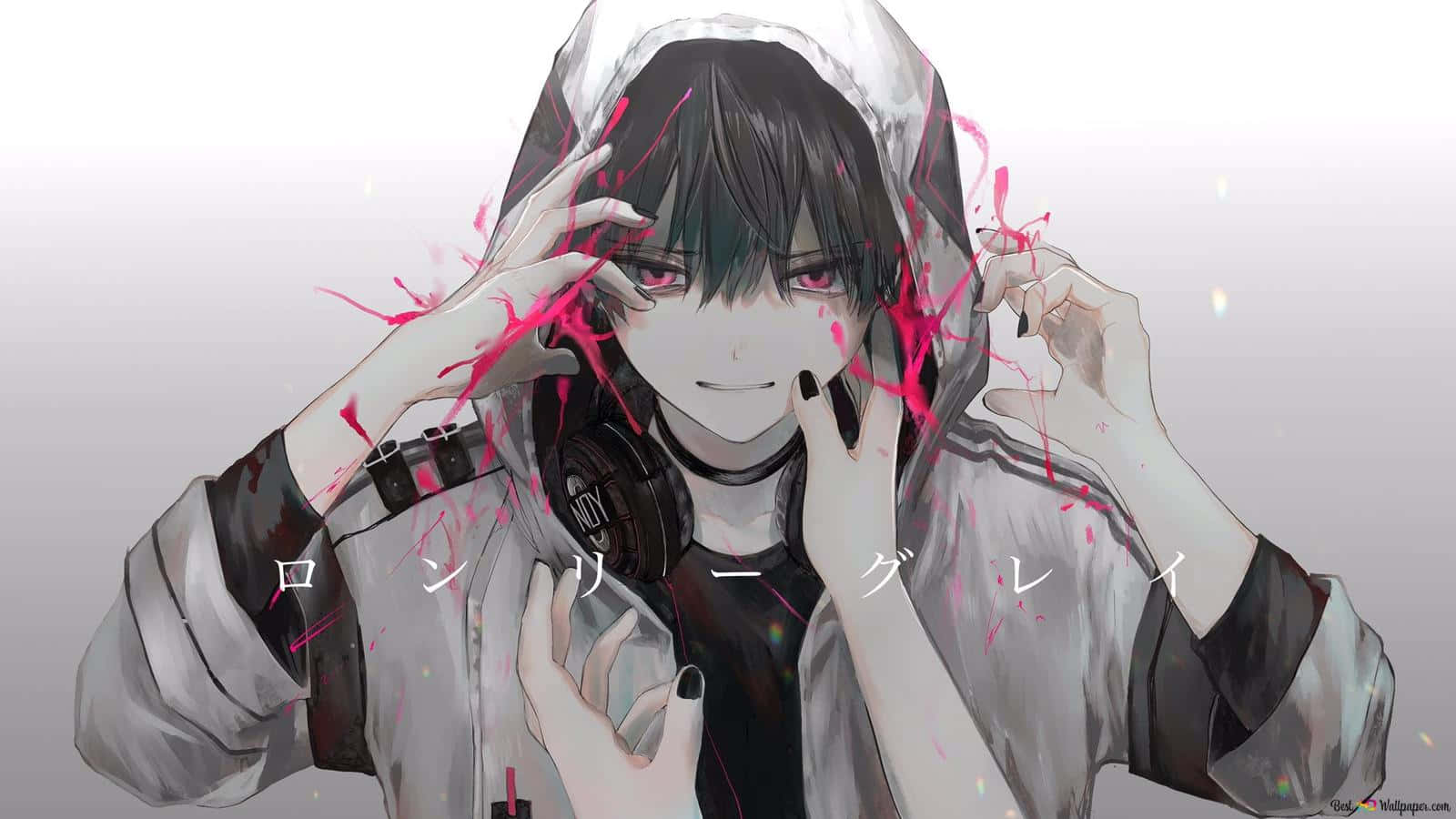 anime black and white 桌布 壁紙 — 一個黑髮紅眼的動漫角色，穿著連帽衫和戴著耳機，周圍有粉紅色的飛濺物。