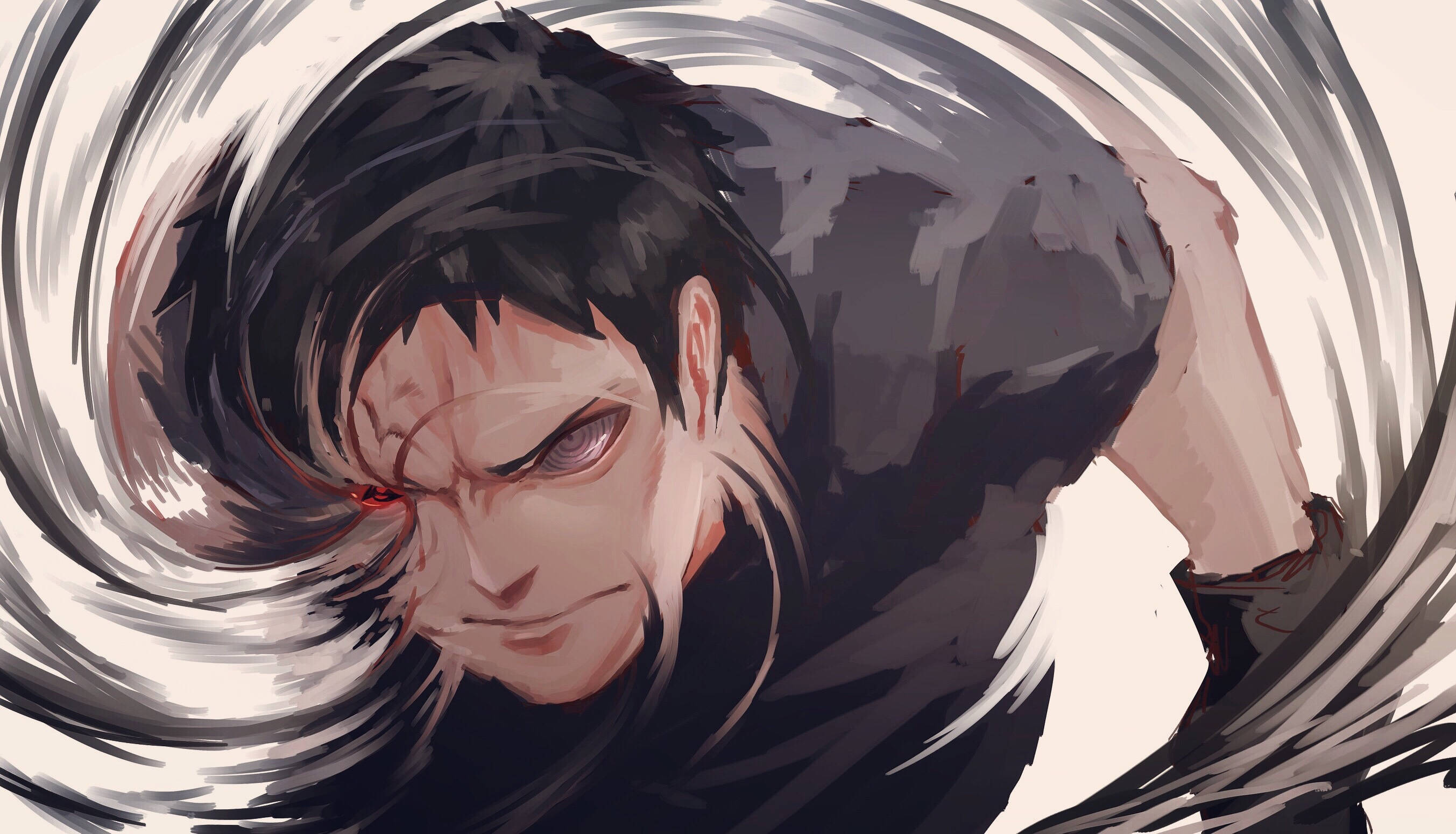 Obito Uchiha 桌布 壁紙 — 一個黑髮紅眼的動漫角色，被旋轉的灰色能量包圍，凝視著。