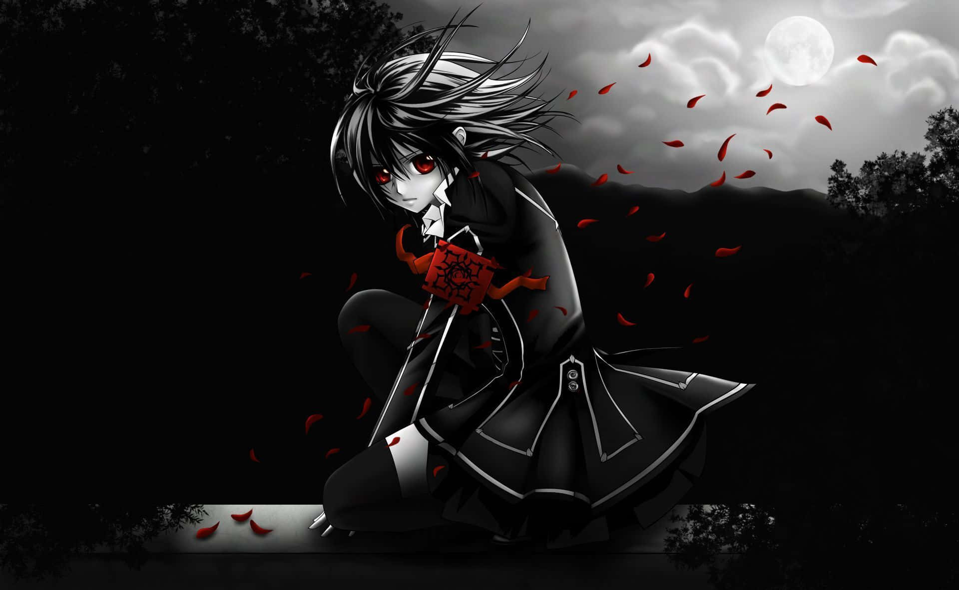 Horror Anime 桌布 壁紙 — 一個黑髮紅眼的動漫角色在滿月下跪著，紅色花瓣在他們周圍旋轉。