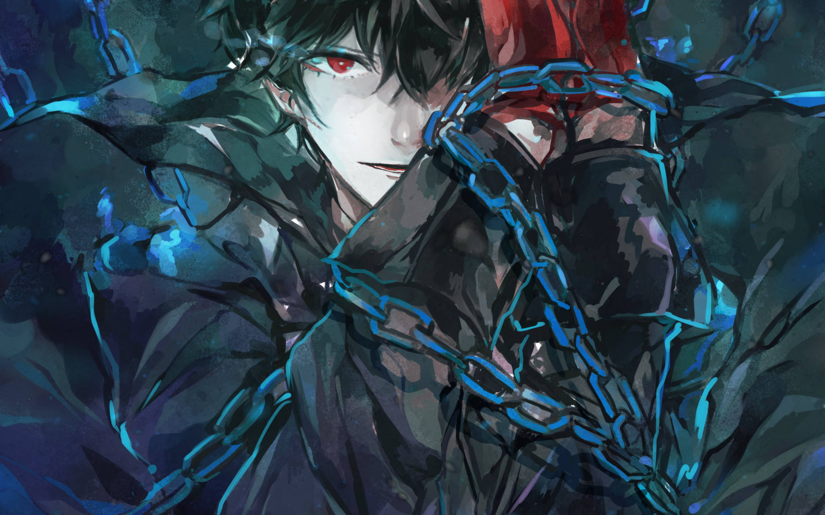 ren amamiya 桌布 壁紙 — 一個黑髮紅眼的動漫角色在陰暗背景中被發光的藍色鎖鏈綁住。