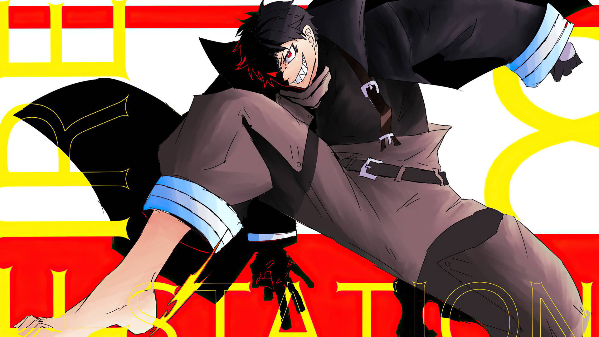 Shinra 桌布 壁紙 — 一個黑髮紅眼的動漫角色在鮮明的紅、黃、白背景前向前衝刺。