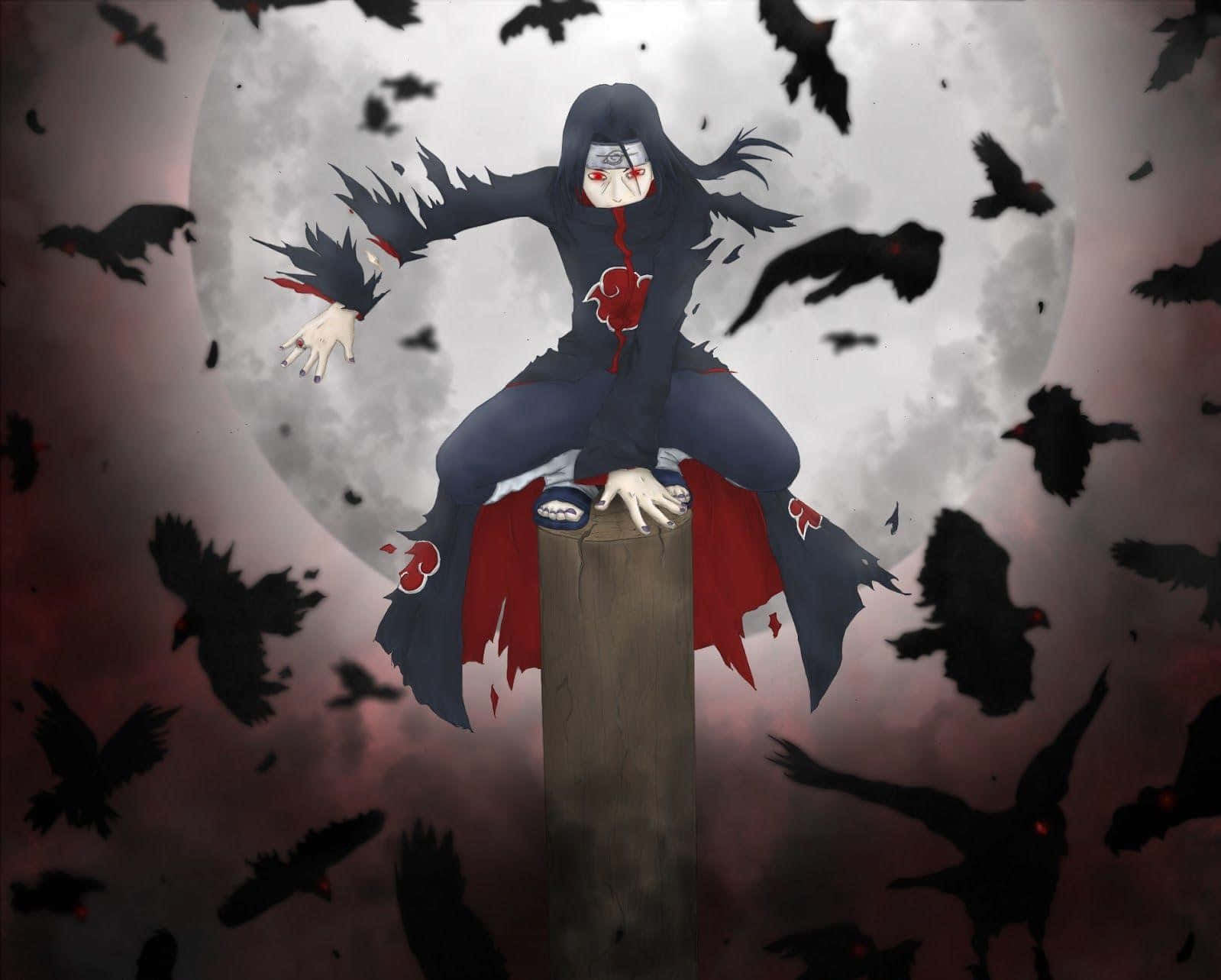 Genjutsu 桌布 壁紙 — 一個黑髮紅眼的動漫角色坐在木樁上，被飛翔的烏鴉包圍，背景是滿月。