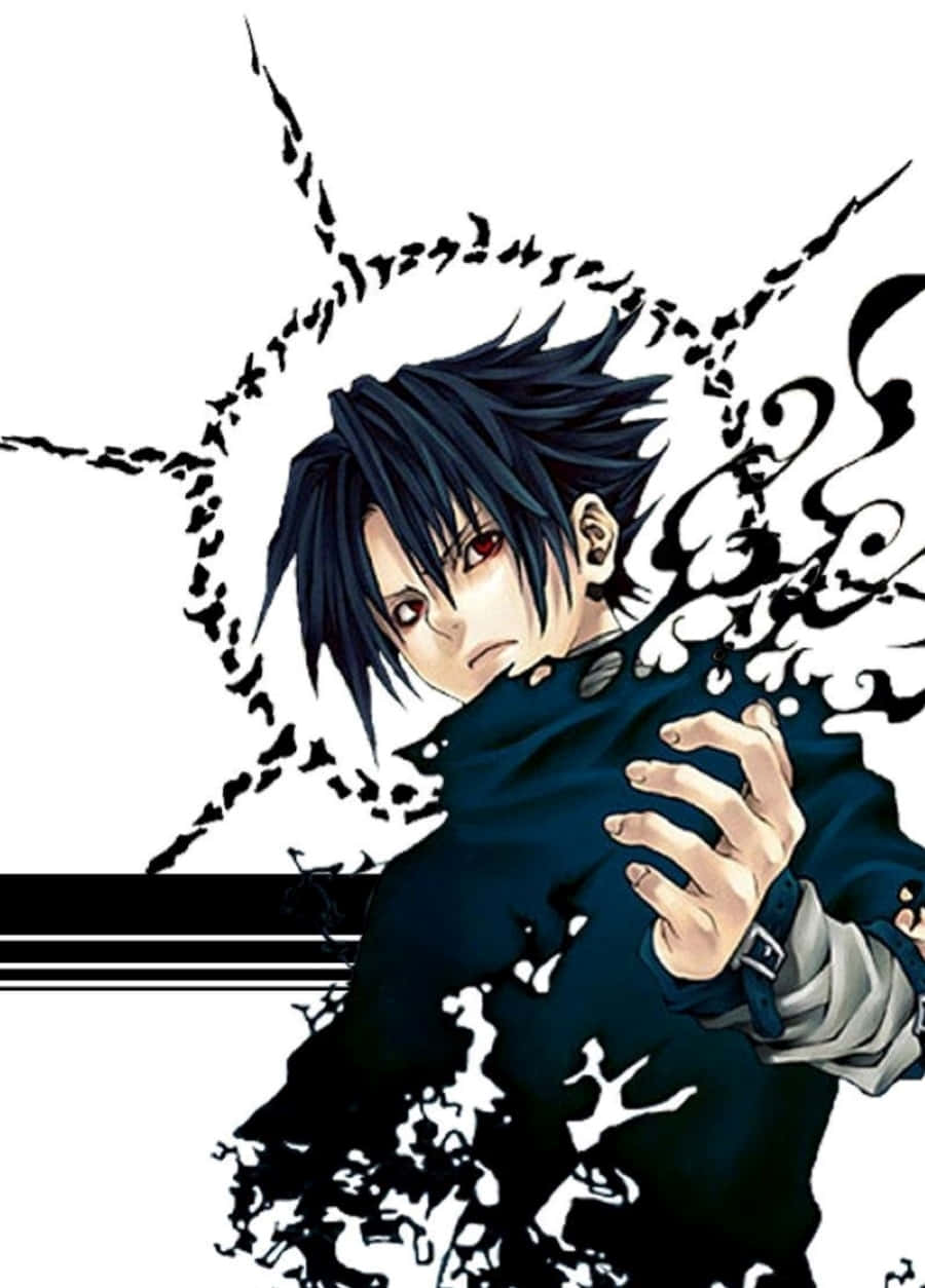 Sasuke Uchiha Cursed Mark 桌布 壁紙 — 一個黑髮紅眼的動漫角色抓住他的外套，黑色墨水般的能量在他周圍旋轉，背景是純白色。