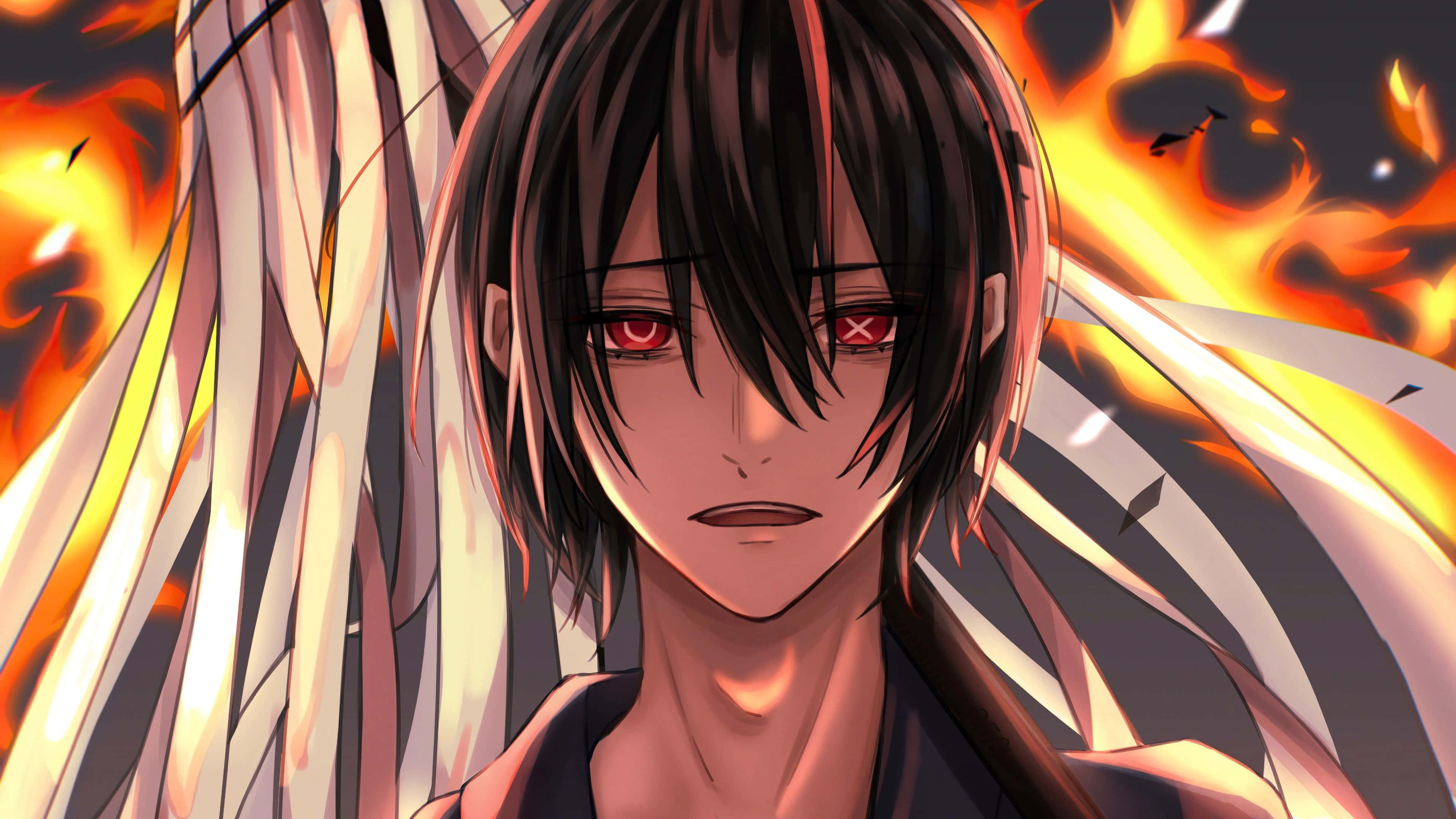 Fire Force Joker 桌布 壁紙 — 一個黑髮紅眼的動漫角色站在帶有白色條紋的熾熱火焰背景前。