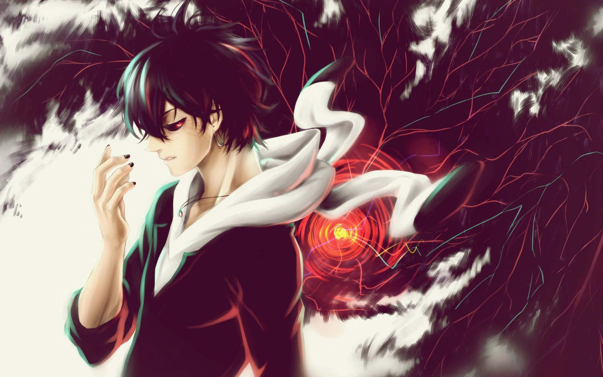 Ayato Kirishima 桌布 壁紙 — 一個黑髮紅眼的動漫角色站在旋轉的紅色能量和黑白抽象圖案之中。