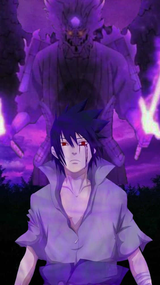 Purple Sasuke 桌布 壁紙 — 一個黑髮紅眼的動漫角色站在暴風雨紫色天空下，面對一個高聳的紫色惡魔。
