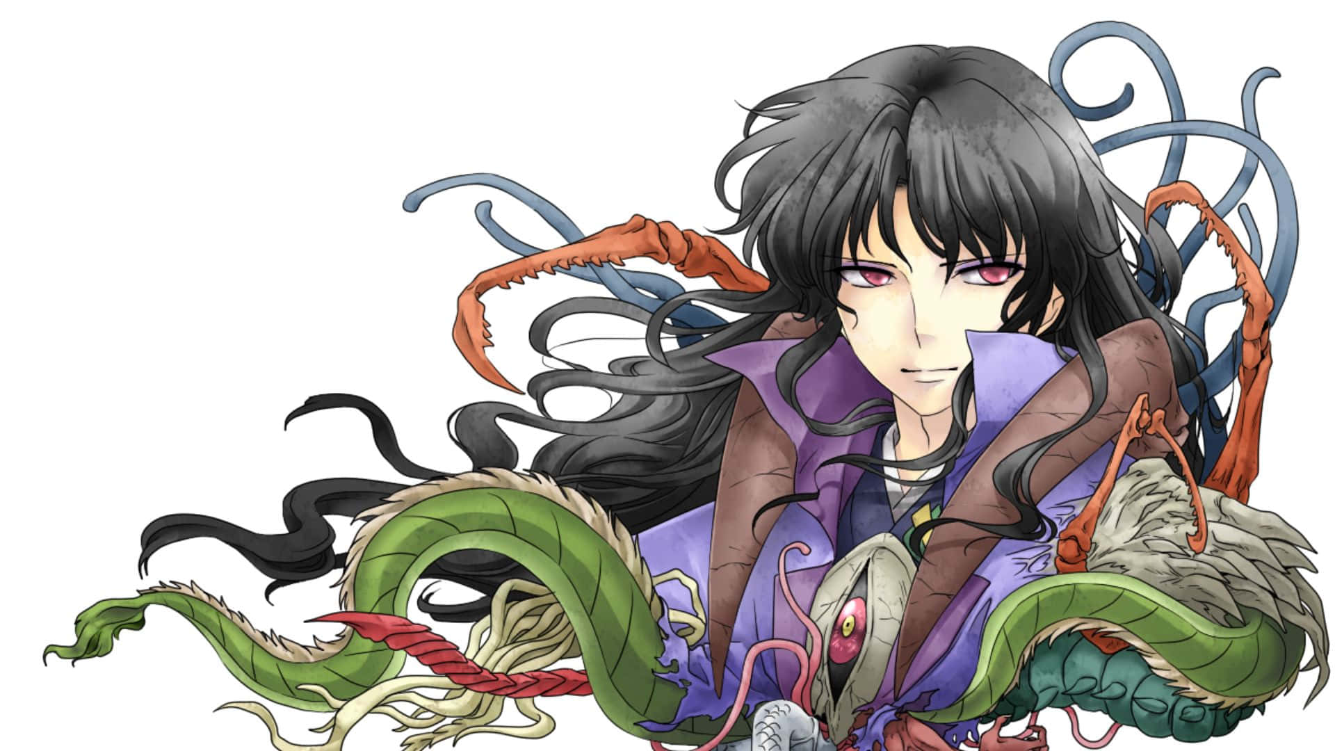 Naraku 桌布 壁紙 — 一個黑髮紅眼的動漫角色被旋轉的觸手和一條綠蛇包圍，背景為白色。
