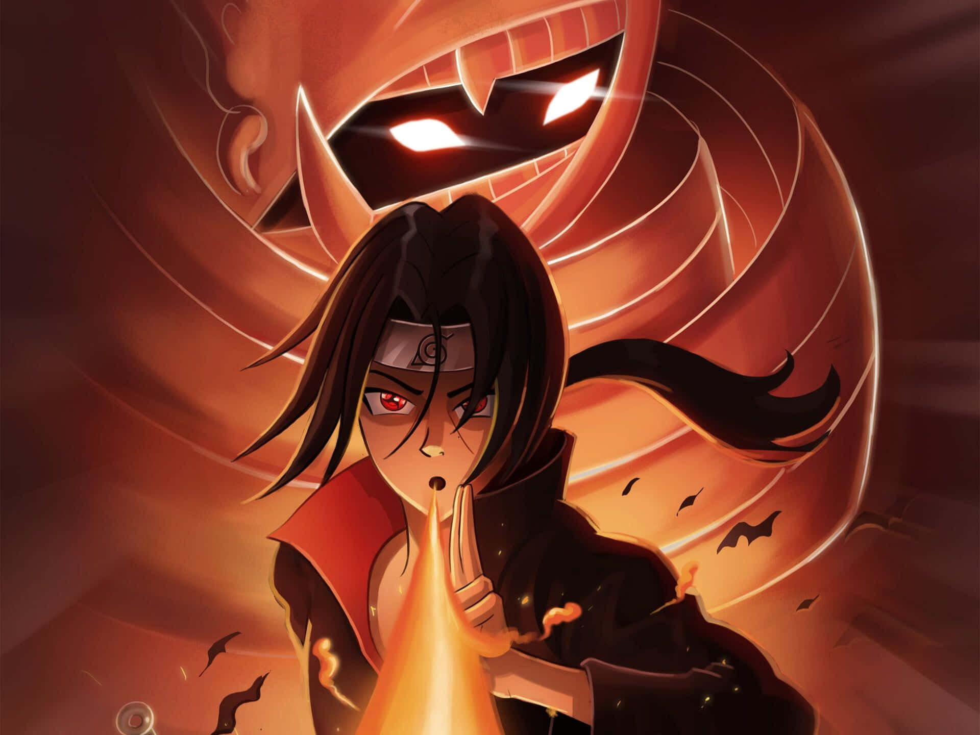 Naruto Itachi 桌布 壁紙 — 一個黑髮紅眼的動漫角色釋放出熾熱的查克拉，背後有一個巨大的發光紅色惡魔頭顱。