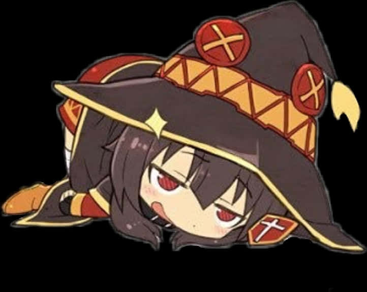 Anime Chibi 桌布 壁紙 — 一個黑髮紅眼的小女巫從一頂飾有紅色圓形徽章的大尖帽下探出頭來。