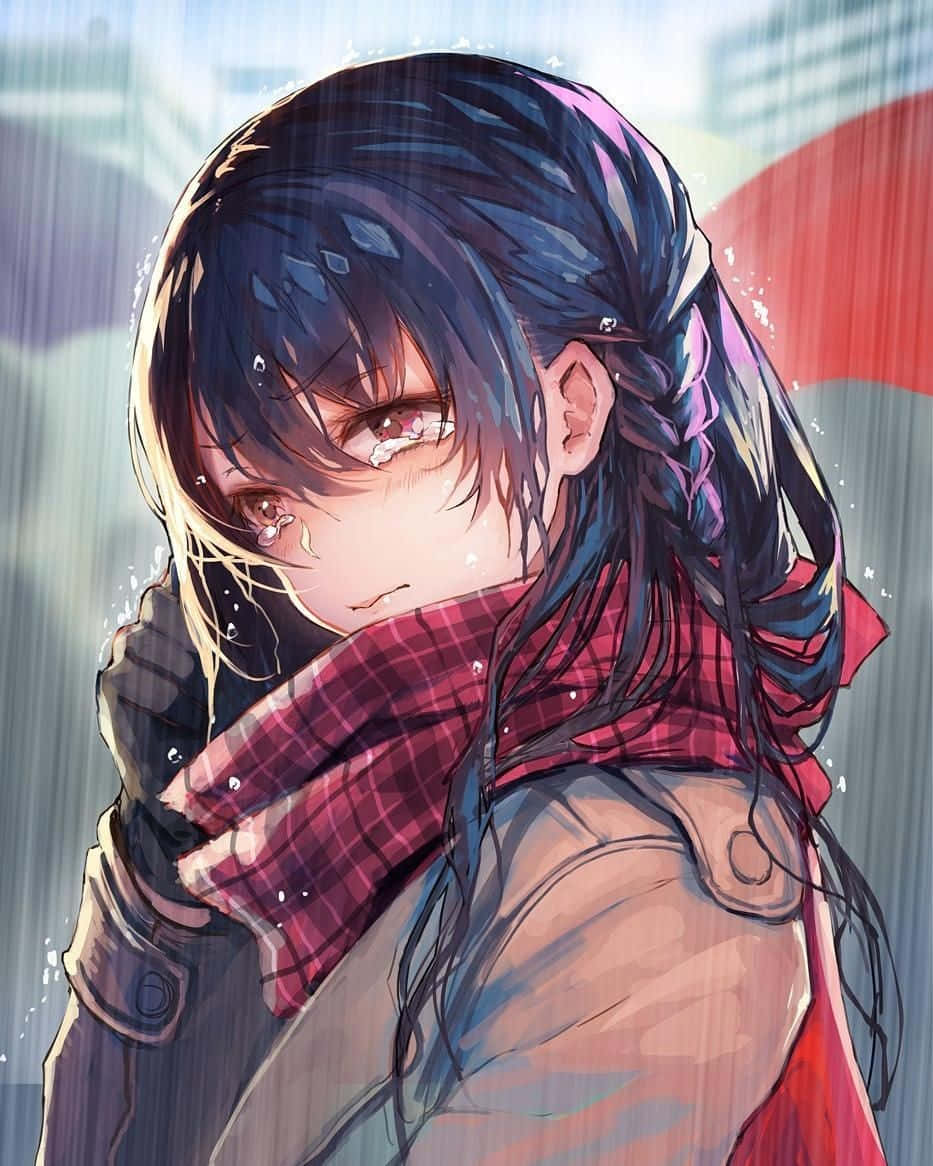 女孩 桌布 壁紙 — 一個黑髮紅眼的憂鬱動漫女孩在都市景觀中緊抓著一條格子圍巾，雨水在她周圍落下。