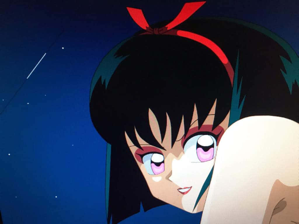 Inuyasha Yura 桌布 壁紙 — 一個黑髮紅絲帶的動漫女孩在星空夜空下的特寫。