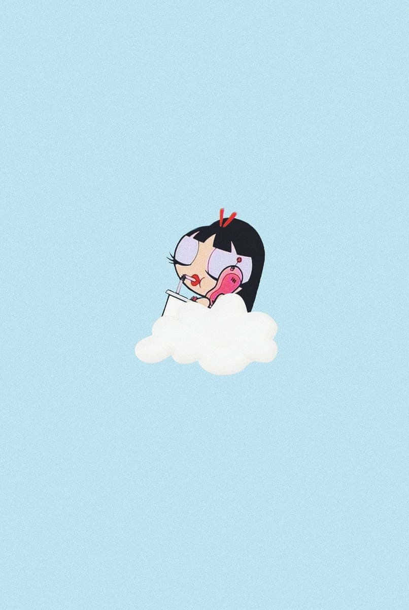 Powerpuff Girls Aesthetic 桌布 壁紙 — 一個黑髮紅蝴蝶結的卡通女孩坐在柔軟的白色雲朵上，背景是柔和的藍天。