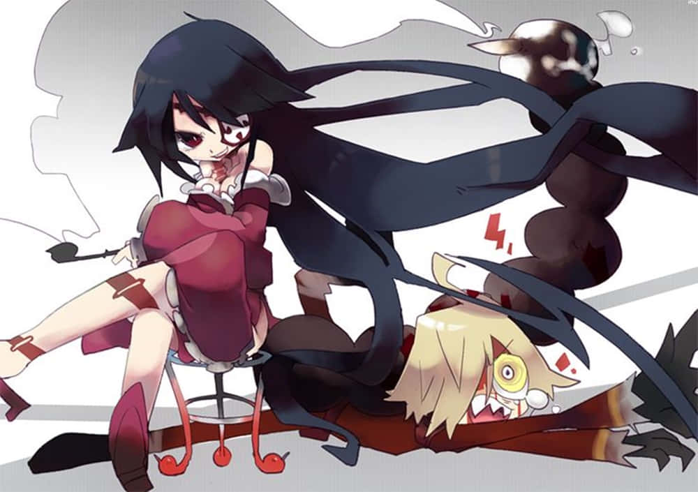 Gurren Lagann Adiane 桌布 壁紙 — 一個黑髮紅衣的動漫女孩坐在一個單眼的金髮戰敗角色上，露出得意的笑容。