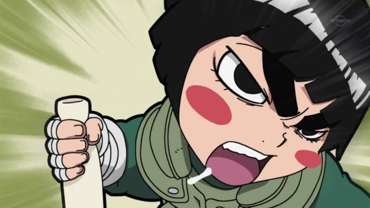 Rock Lee 桌布 壁紙 — 一個黑髮紅頰的動漫女孩，在綠色放射狀背景前，緊握白色卷軸，激烈地大喊。