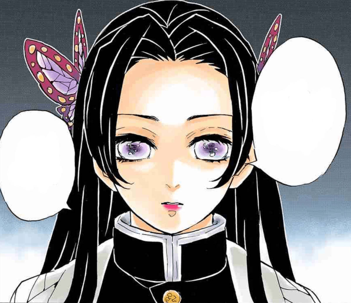 kanae kocho 桌布 壁紙 — 一個黑髮紫眼、戴著蝴蝶髮夾的動漫少女特寫，表情嚴肅地直視前方。
