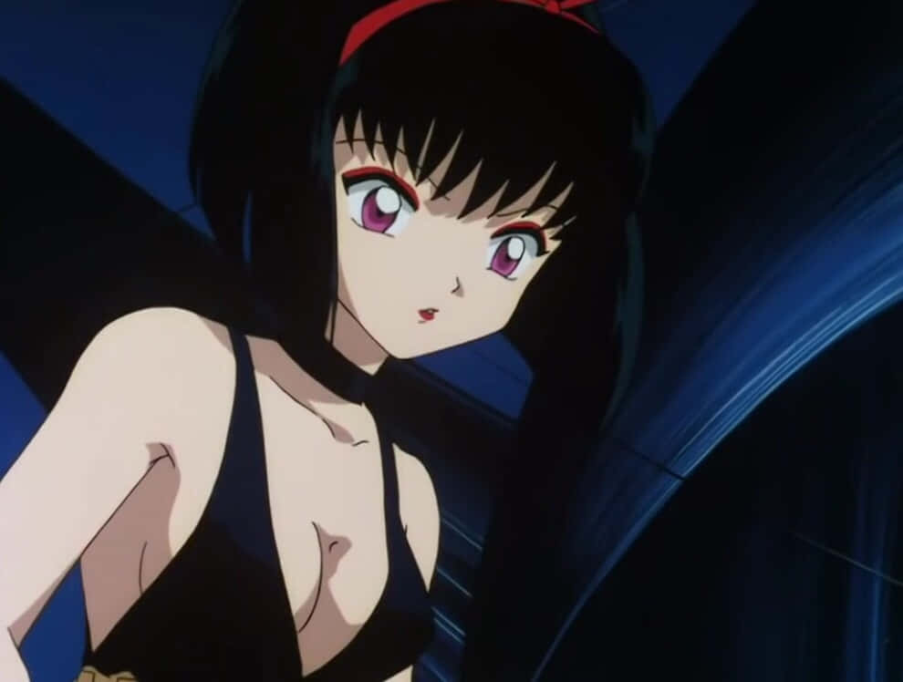 Inuyasha Yura 桌布 壁紙 — 一個黑髮紫眼動漫女孩的近距離特寫，穿著黑色上衣，背景是深藍色。