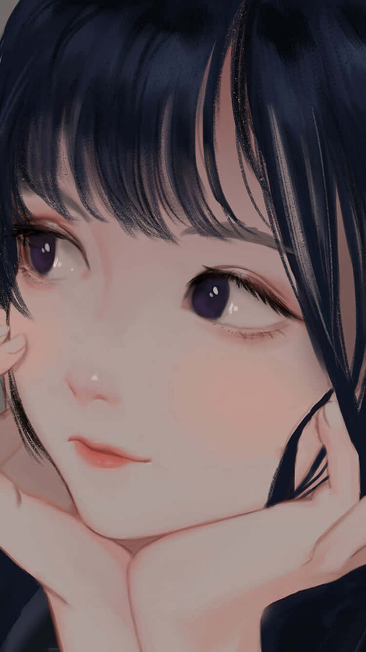 Goddess 桌布 壁紙 — 一個黑髮紫眼的動漫女孩特寫，用手托著下巴，表情溫柔。