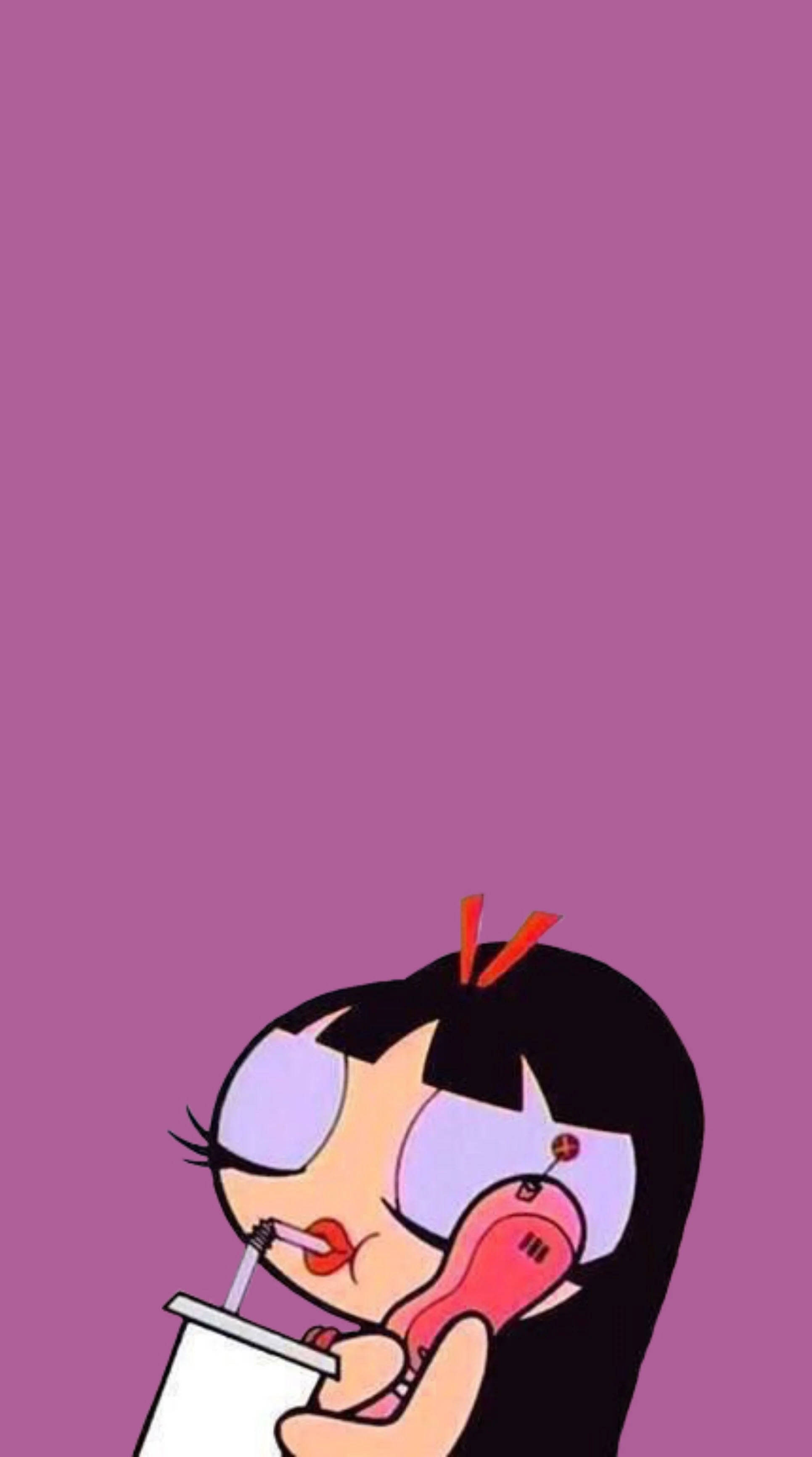 Powerpuff Girls 桌布 壁紙 — 一個黑髮紫眼的卡通女孩在純洋紅色背景前用吸管啜飲飲料。