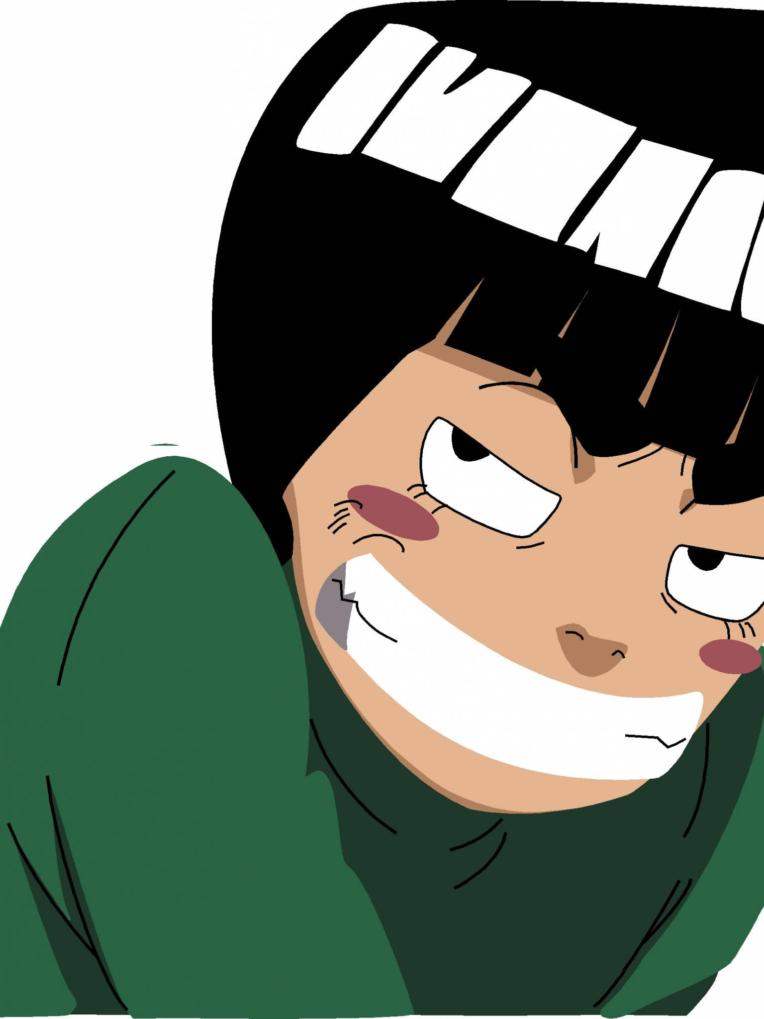 Rock Lee 桌布 壁紙 — 一個黑髮綠上衣的動漫角色特寫，睜大眼睛、臉頰紅潤，露出頑皮的笑容。