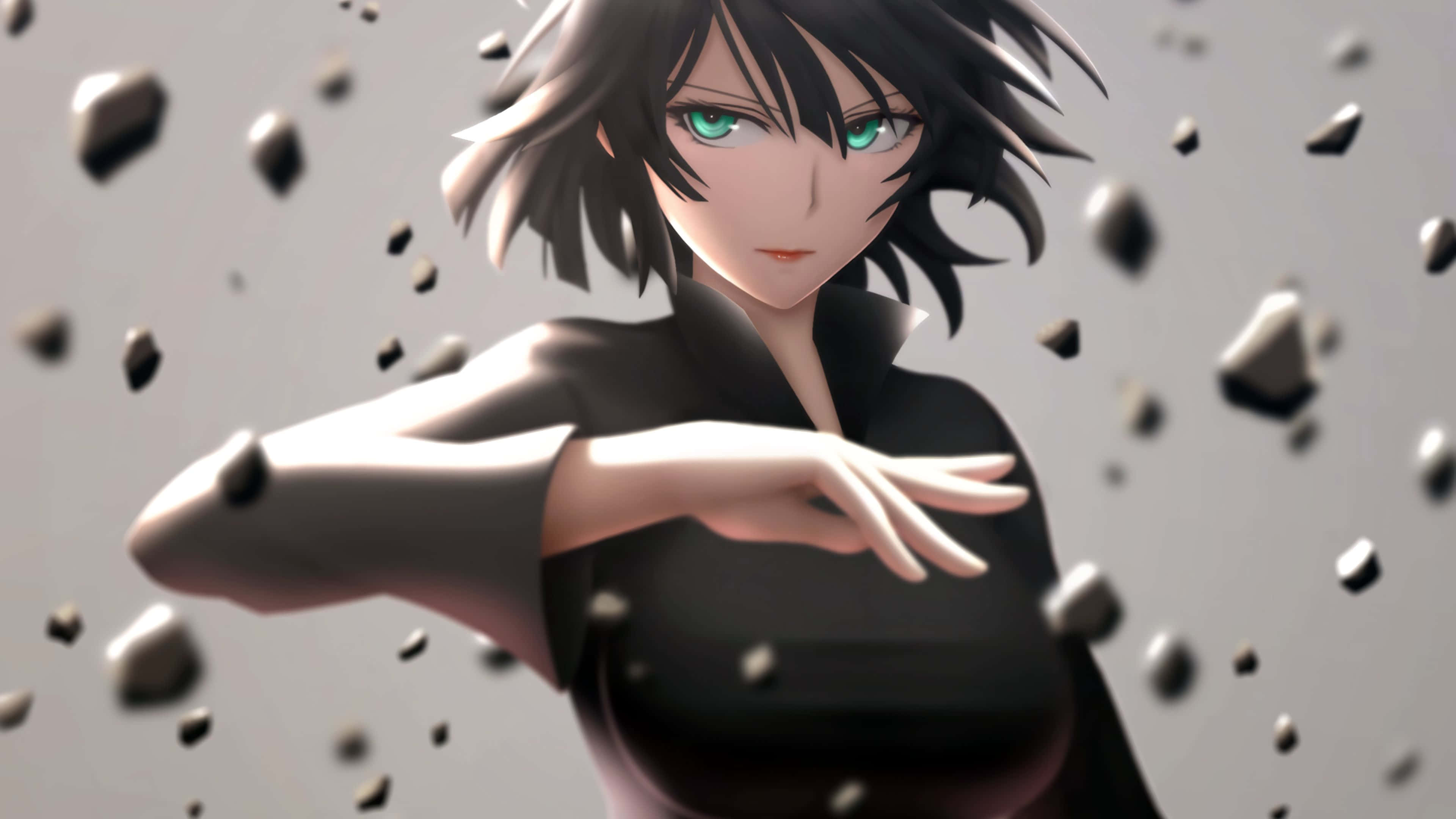 Fubuki 桌布 壁紙 — 一個黑髮綠眼的動漫女孩在灰色虛空中伸出手，周圍漂浮著石頭。