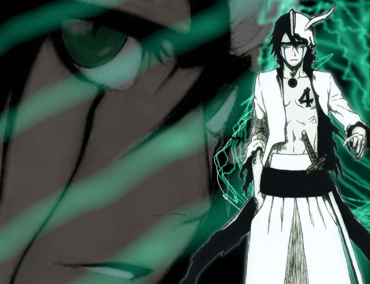 Ulquiorra Cifer 桌布 壁紙 — 一個黑髮綠眼的動漫角色，身穿白色制服，身後散發出發光的綠色能量光環。