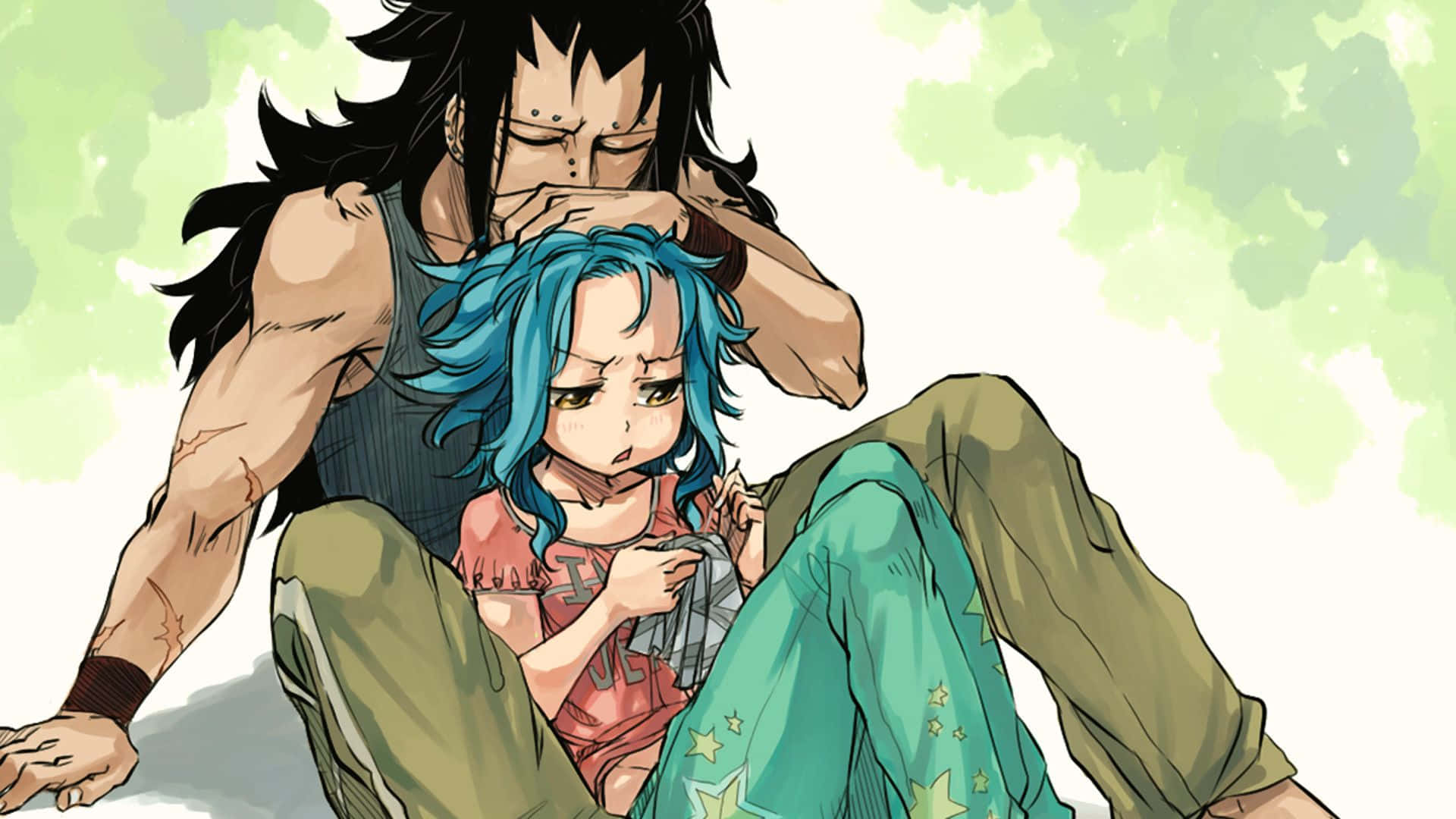 Gajeel Redfox 桌布 壁紙 — 一個黑髮肌肉男溫柔地抱著一個藍髮女孩，以動漫風格呈現，背景是柔和的綠色。