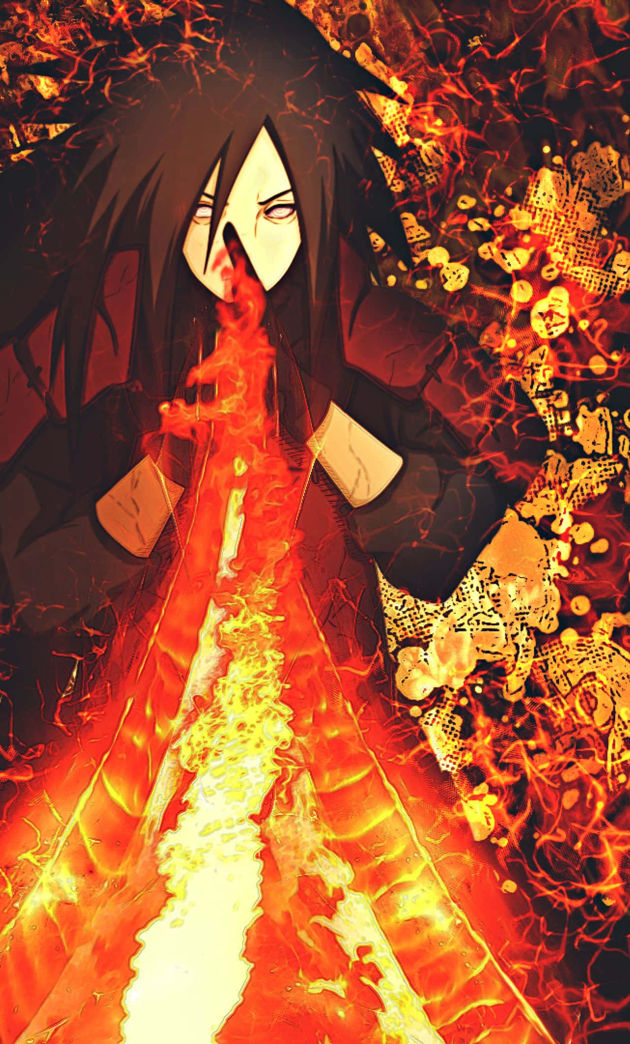 Uchiha iPhone 桌布 壁紙 — 一個黑髮蒼白的動漫角色，在燃燒的碎片混亂背景下釋放出熾熱的能量洪流。