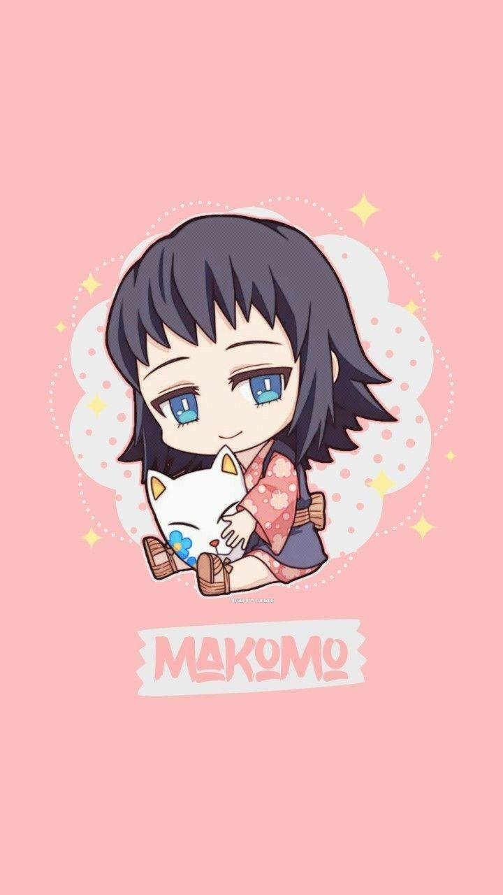 Demon Slayer Chibi 桌布 壁紙 — 一個黑髮藍眼的Q版動漫女孩在柔和的粉紅色背景上抱著一隻白貓，周圍有閃爍的光芒。