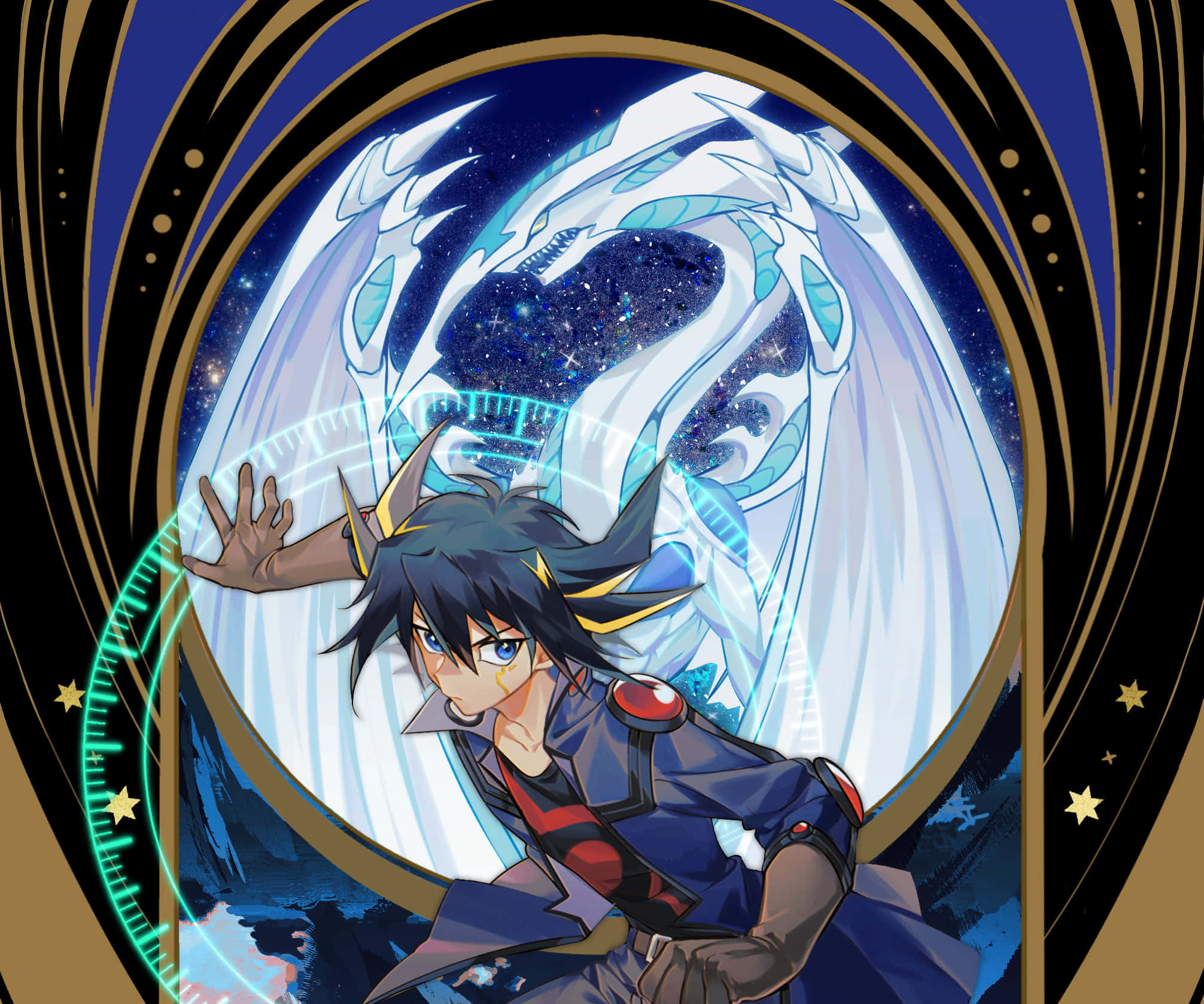 Yusei Fudo 桌布 壁紙 — 一個黑髮藍眼的年輕動漫男孩，通過一個由金色漩渦和星星圍成的圓形傳送門，引導一條發光的宇宙龍。