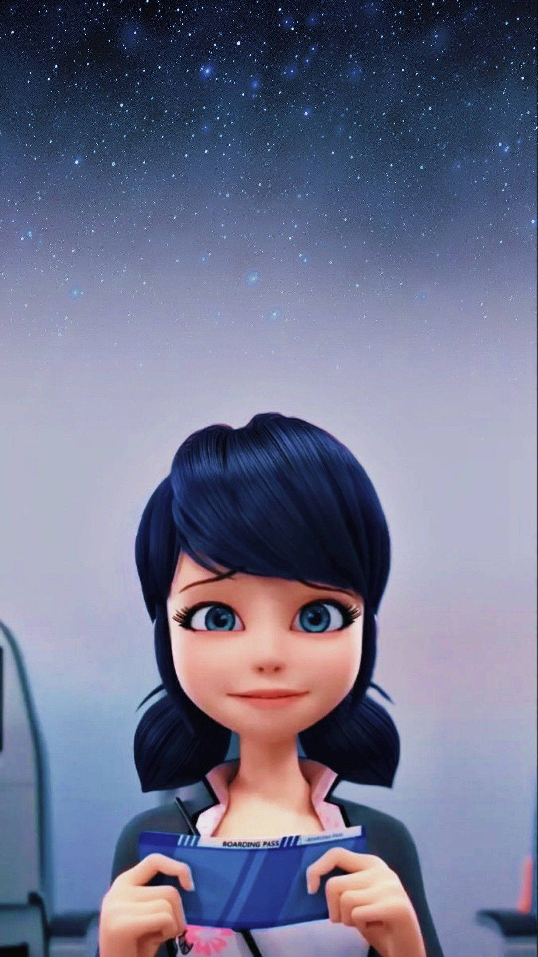 Marinette 桌布 壁紙 — 一個黑髮藍眼的年輕女孩在星空下拿著登機證。