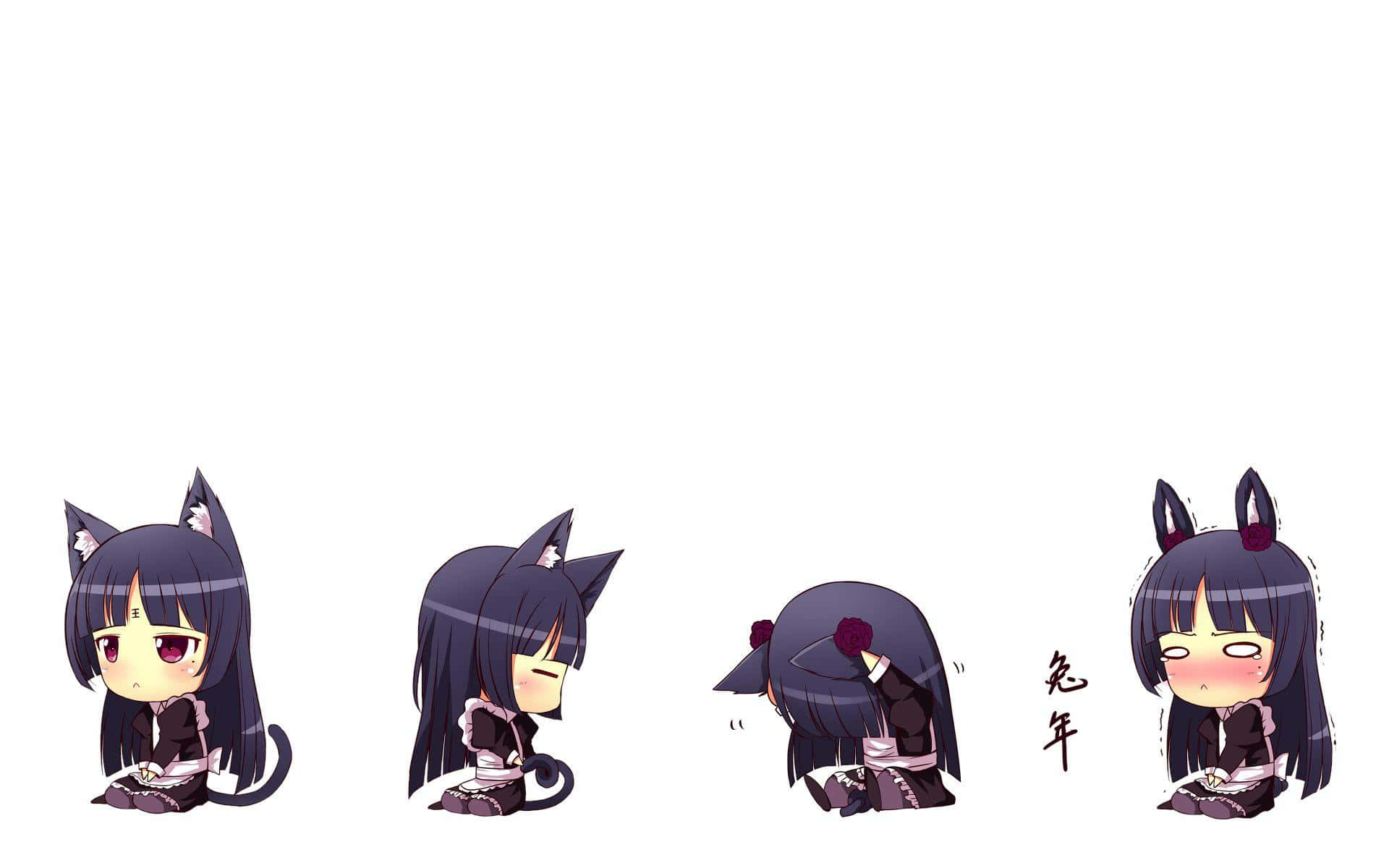 neko 桌布 壁紙 — 一個黑髮貓耳的Q版動漫女孩在純白背景上展示四個姿勢，包括鞠躬和臉紅。