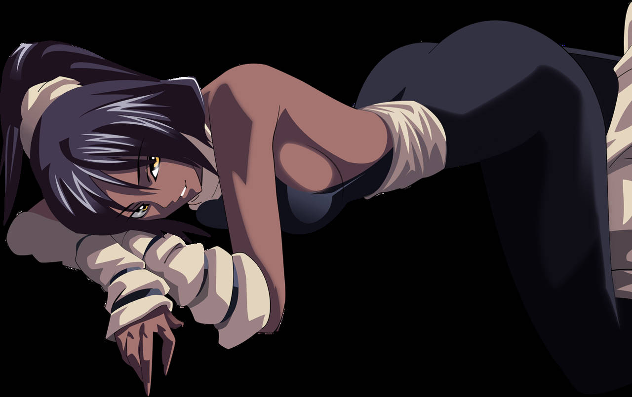 Yoruichi 桌布 壁紙 — 一個黑髮黃眼的動漫女孩，身穿白色襯衫和深色褲子，俯臥在黑色背景上。
