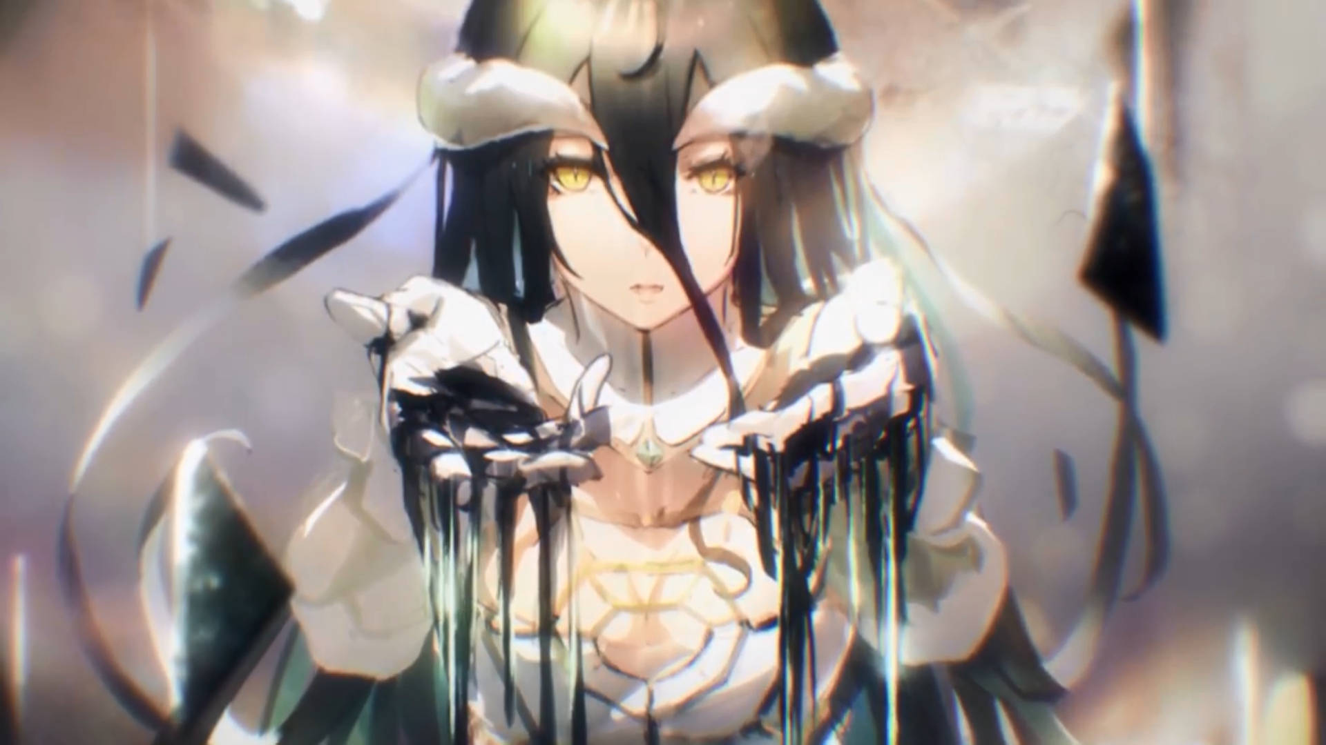 Overlord 桌布 壁紙 — 一個黑髮黃眼的動漫女孩穿著白色服裝，在模糊的背景前，黑色的液體從她的手上滴落。