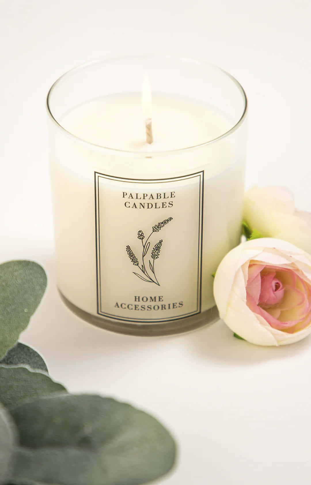 蠟燭 桌布 壁紙 — 一個點燃的白色蠟燭放在標有palpable candles的玻璃罐中，旁邊是一朵柔和的粉紅玫瑰和綠色桉樹葉，放在乾淨的白色表面上。