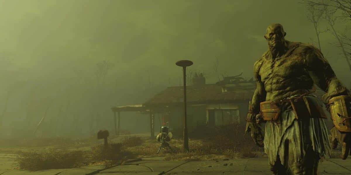 Fallout Characters 桌布 壁紙 — 一個龐大的綠色皮膚變種人站在霧氣瀰漫、破敗的郊區街道上，附近有一個小型機器人。