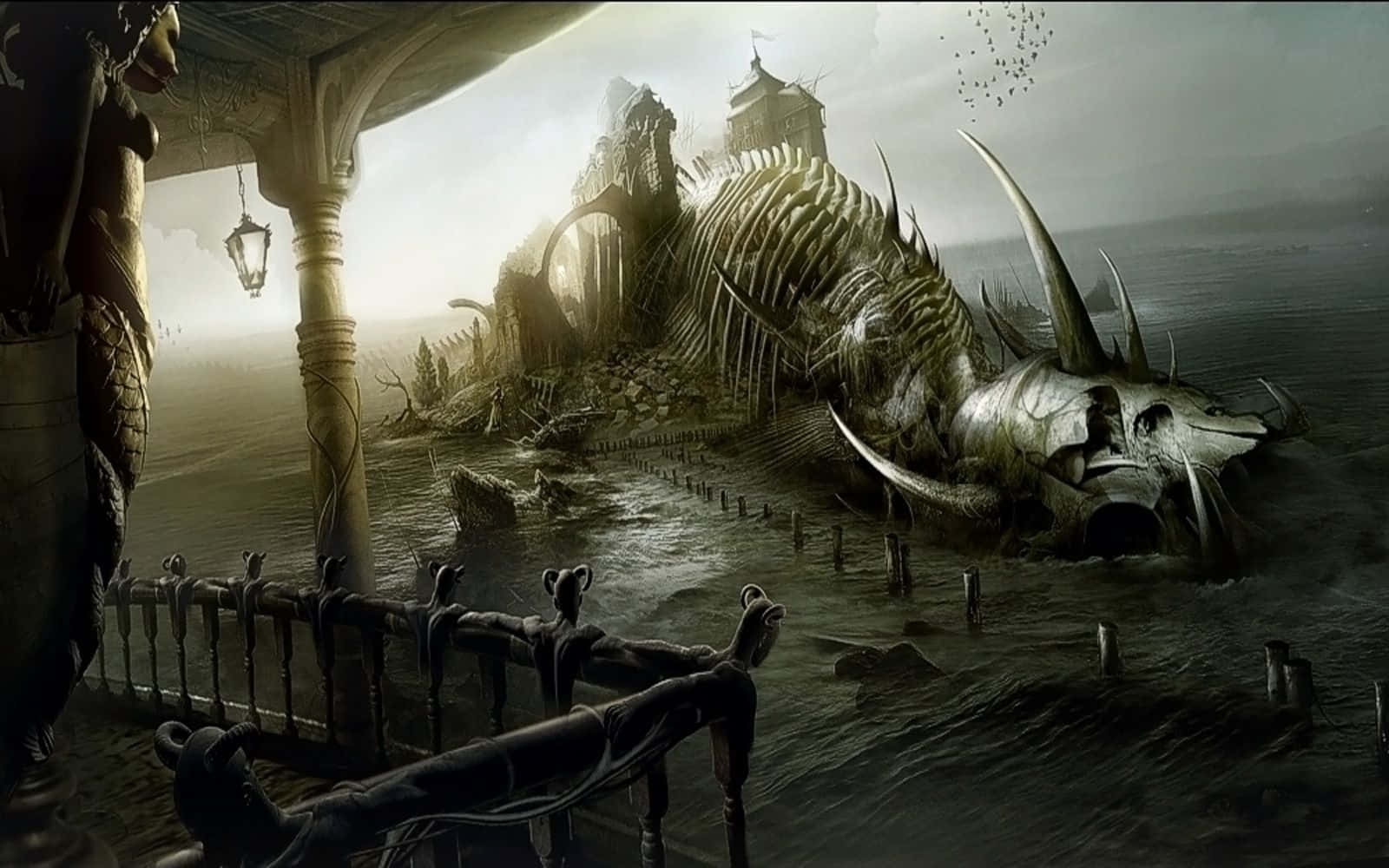 Dark Surrealism 桌布 壁紙 — 一具巨大的骨骼海怪躺在陰沉天空下、破舊碼頭旁的渾濁水中。