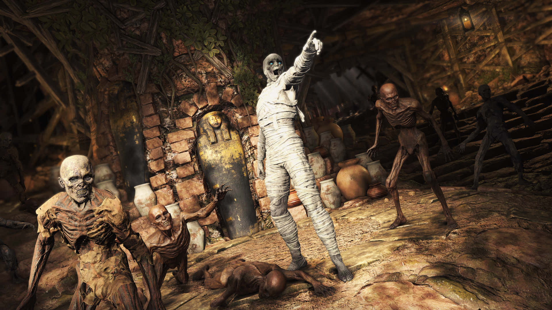 Strange Brigade 桌布 壁紙 — 一具木乃伊化的人物戲劇性地指著，不死骷髏在一個充滿陶器和碎石的破舊古墓中升起。
