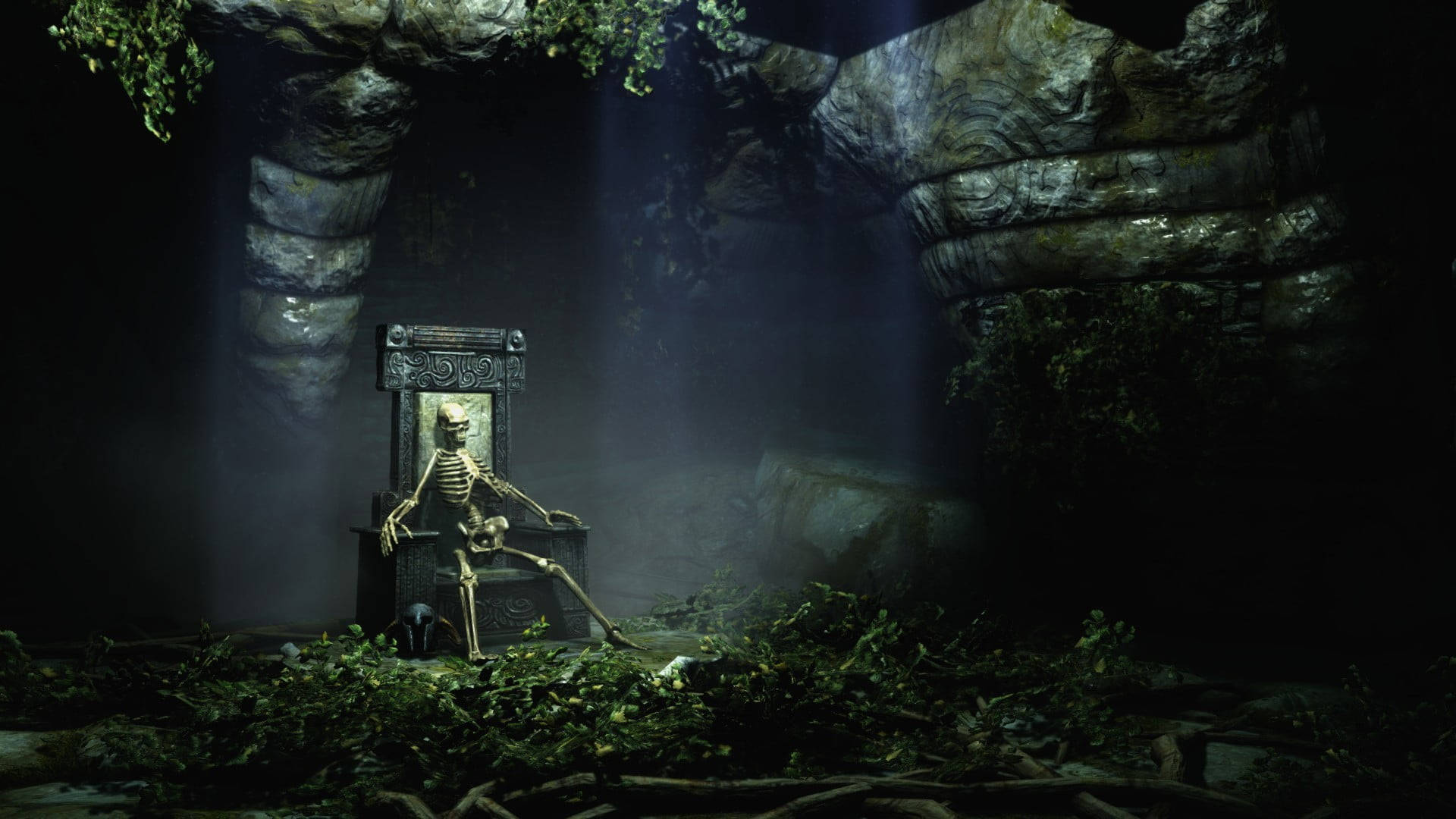 Skyrim 桌布 壁紙 — 一具骷髏威嚴地坐在一個裝飾華麗的王座上，身處一個迷霧籠罩、雜草叢生的洞穴中，被光束照亮。