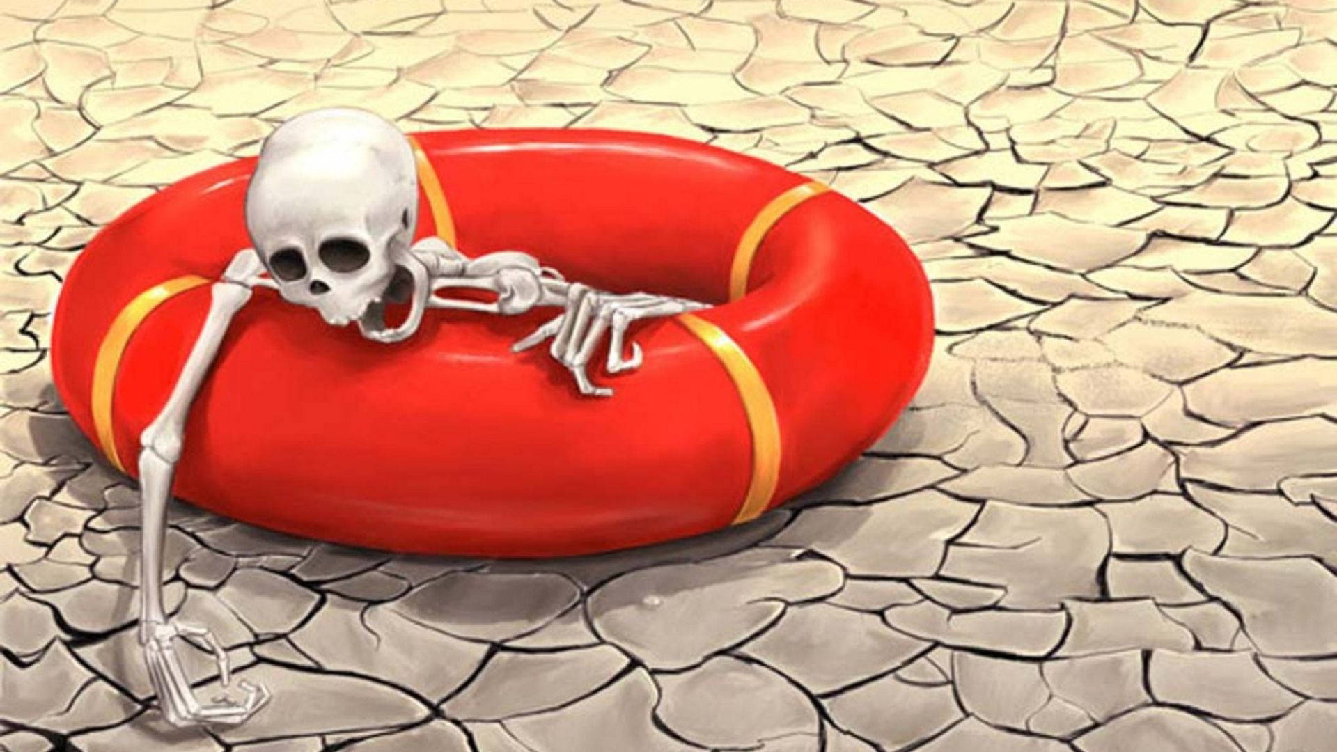 Skeleton Meme 桌布 壁紙 — 一具骷髏躺在紅色救生圈上，周圍是龜裂的乾旱土地，象徵荒涼與生存。