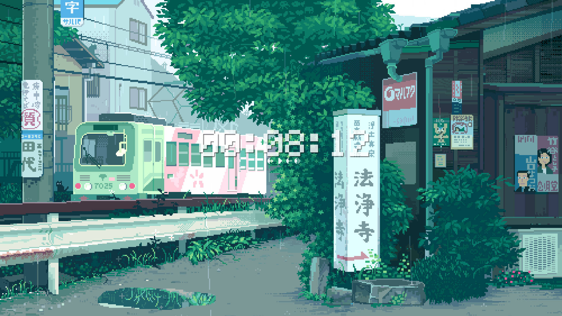 lofi 桌布 壁紙 — 一列像素藝術火車穿過一條綠意盎然的日本街道，兩旁是傳統建築和招牌。