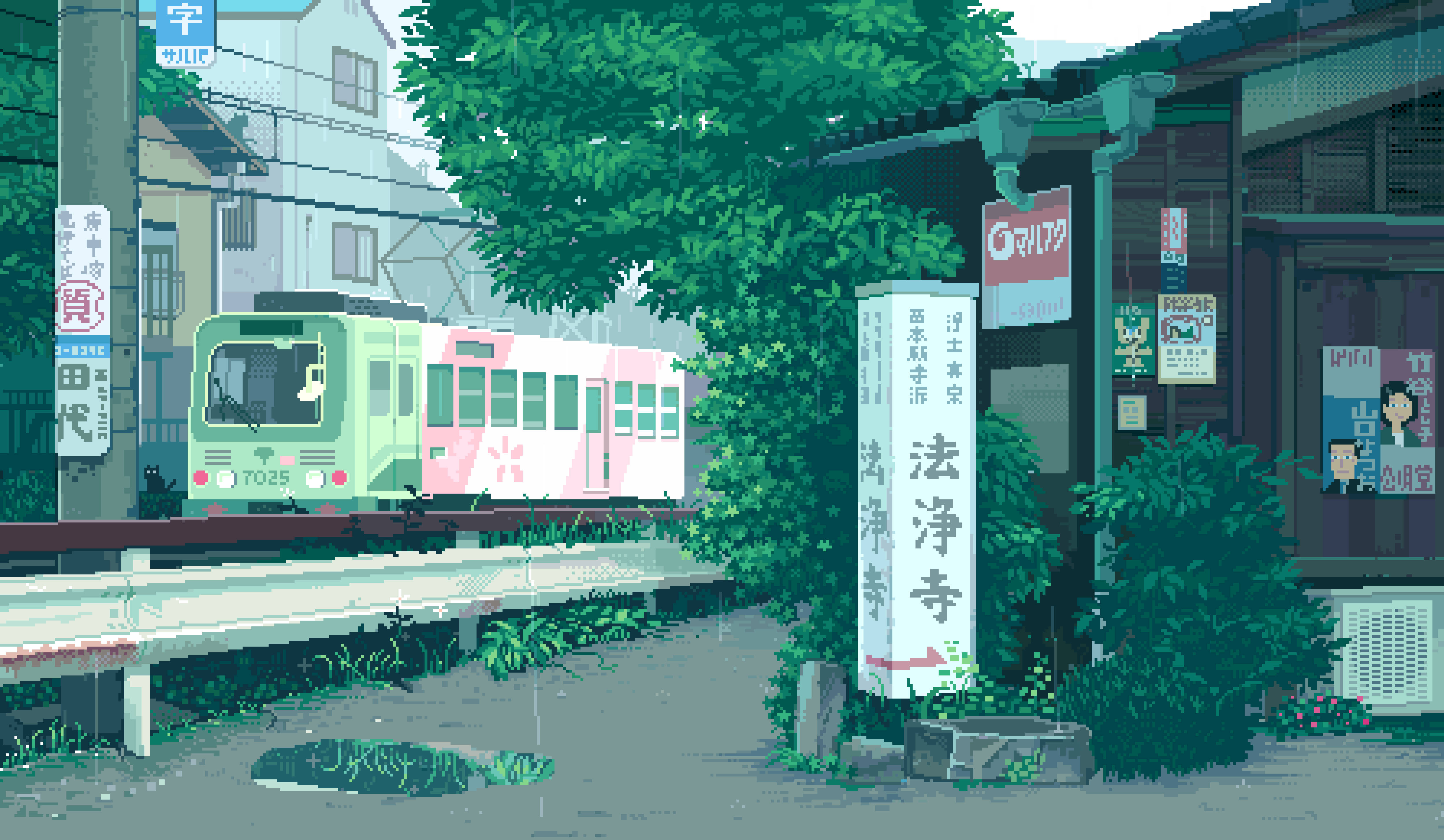 cute aesthetic pc 桌布 壁紙 — 一列像素風格的火車在柔和日光下滑過一個綠意盎然的車站，車站有日文標誌和盛開的櫻花。