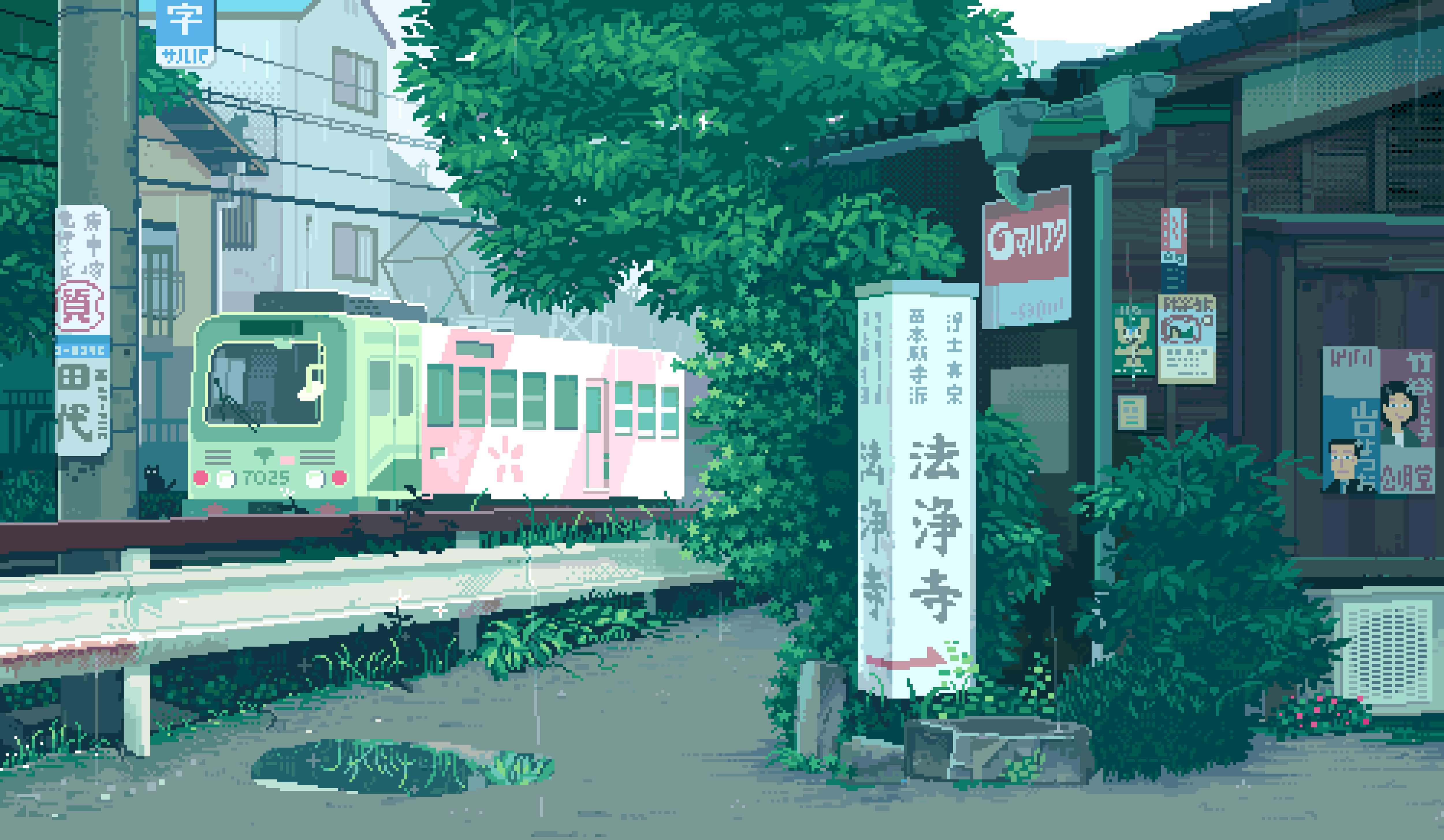 Train 桌布 壁紙 — 一列像素風格的火車在雨中的城市街道場景中，滑過茂密的綠植和傳統日本標誌。