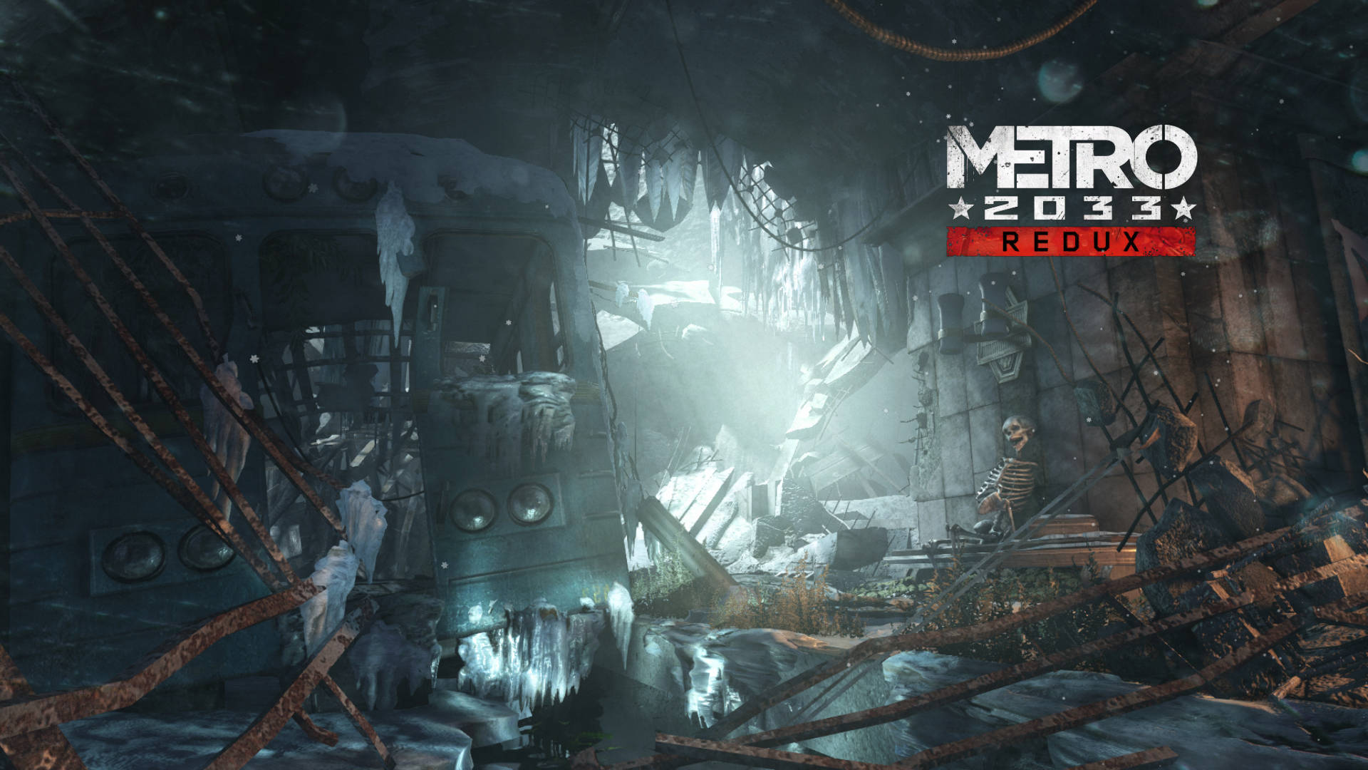 Metro 2033 桌布 壁紙 — 一列冰凍的地鐵列車被遺棄在破爛的車站中，陰暗處有一個孤獨的身影。