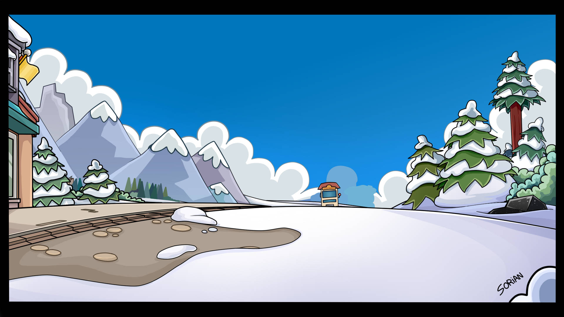 遊戲 桌布 壁紙 — 一列卡通火車穿過白雪覆蓋的山谷，有常青樹和清澈的藍天。